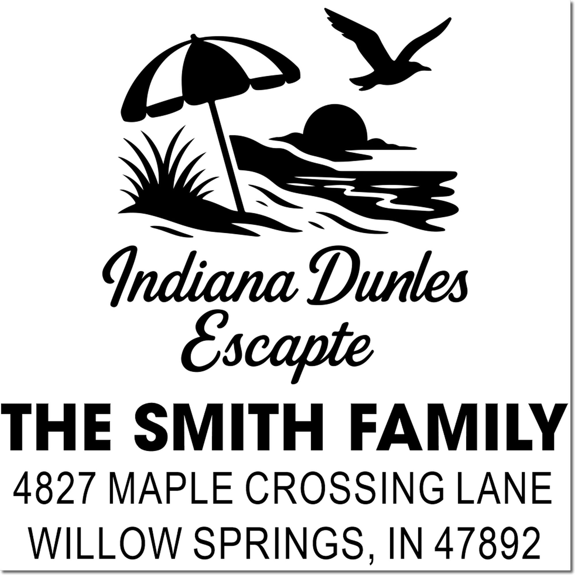 Custom return address rubber stamp for The Smith Family, Willow Springs, IN, featuring an Indiana Dunes beach scene.