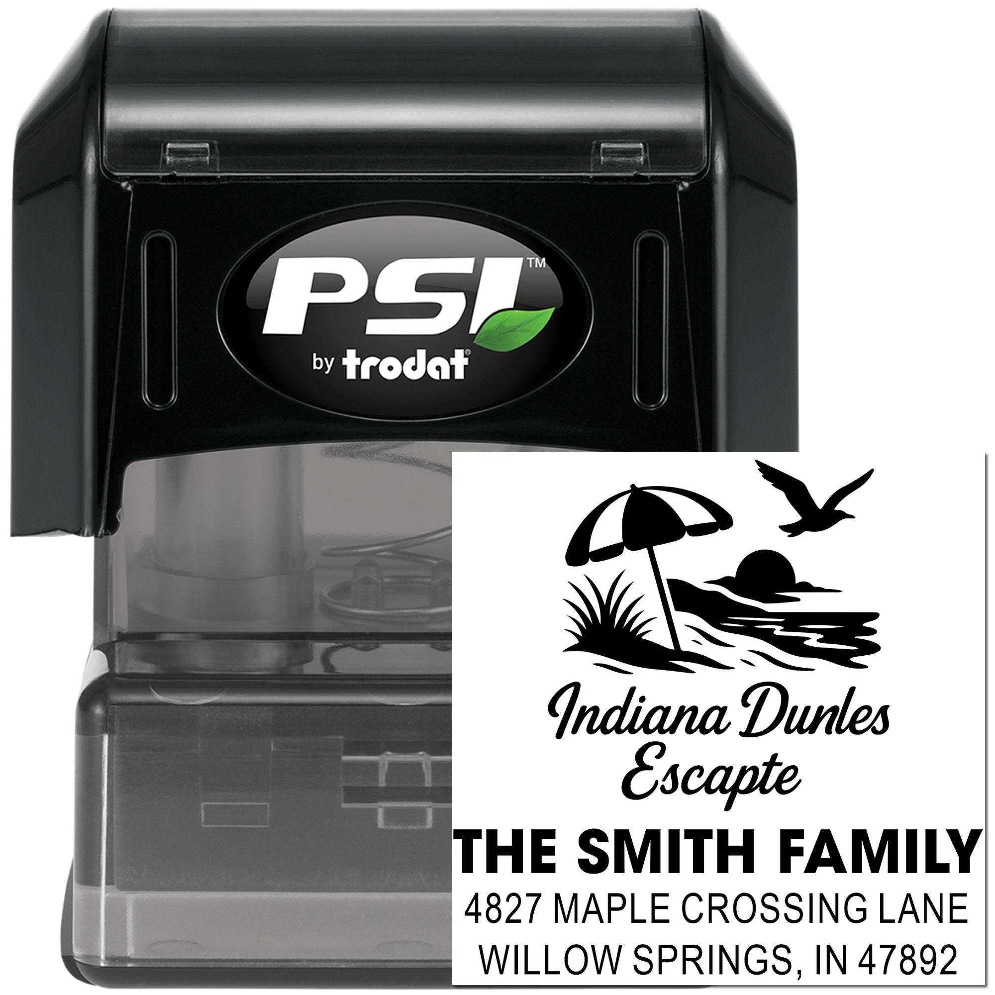 Custom self-inking rubber address stamp with Indiana Dunes Escape design for The Smith Family and Willow Springs, IN.