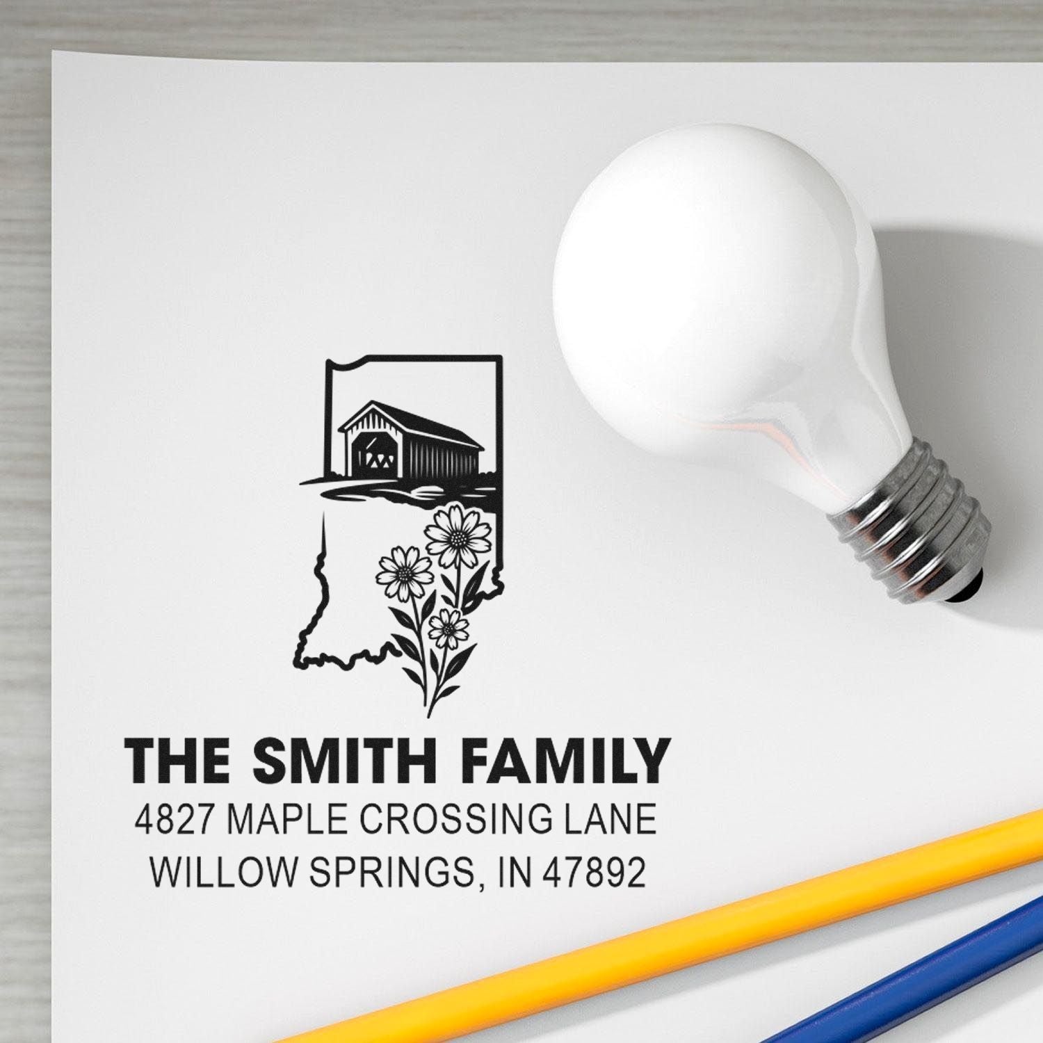Custom return address rubber stamp with Indiana barn and floral state outline for The Smith Family.