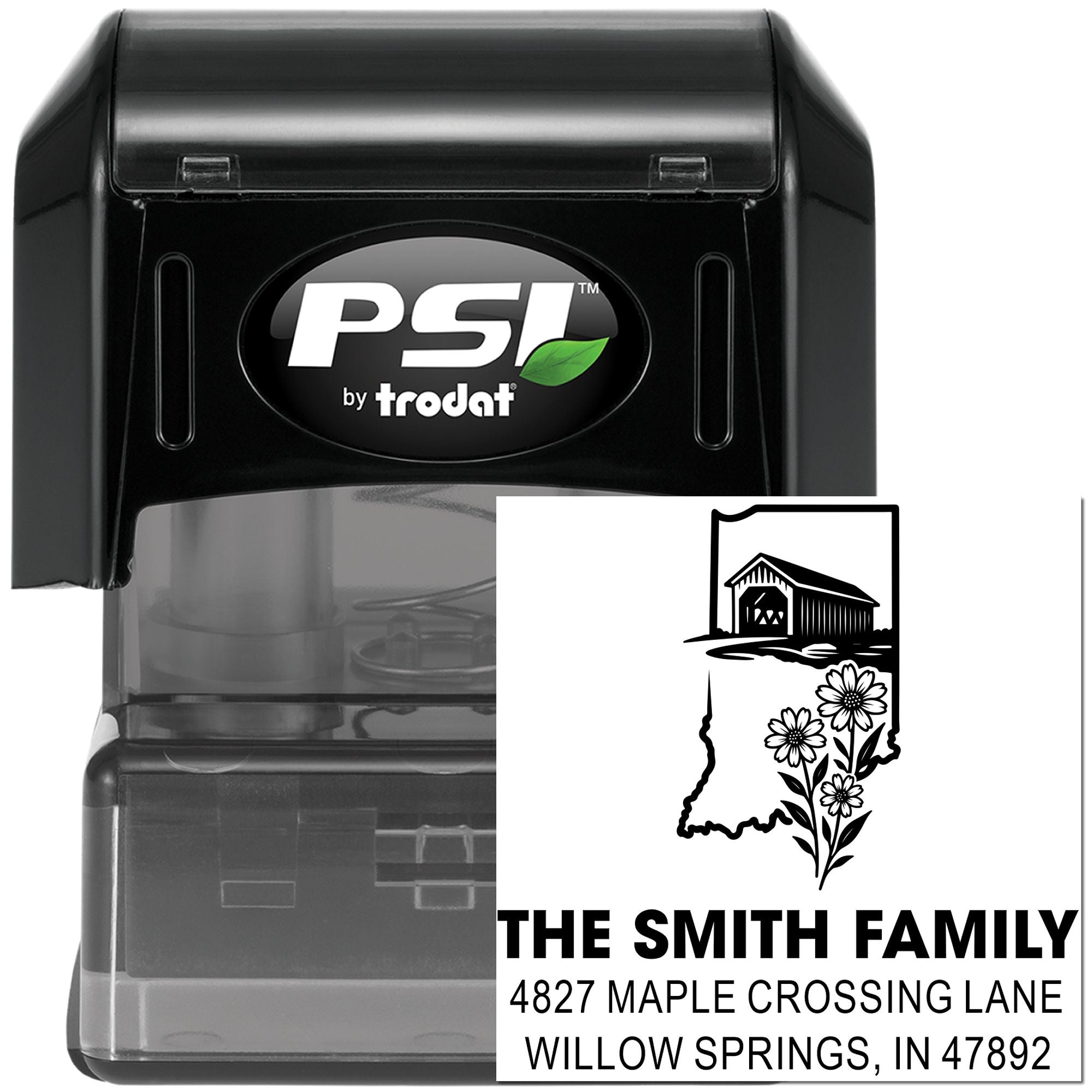 Custom self-inking address stamp with barn and floral design, personalized for The Smith Family return address.