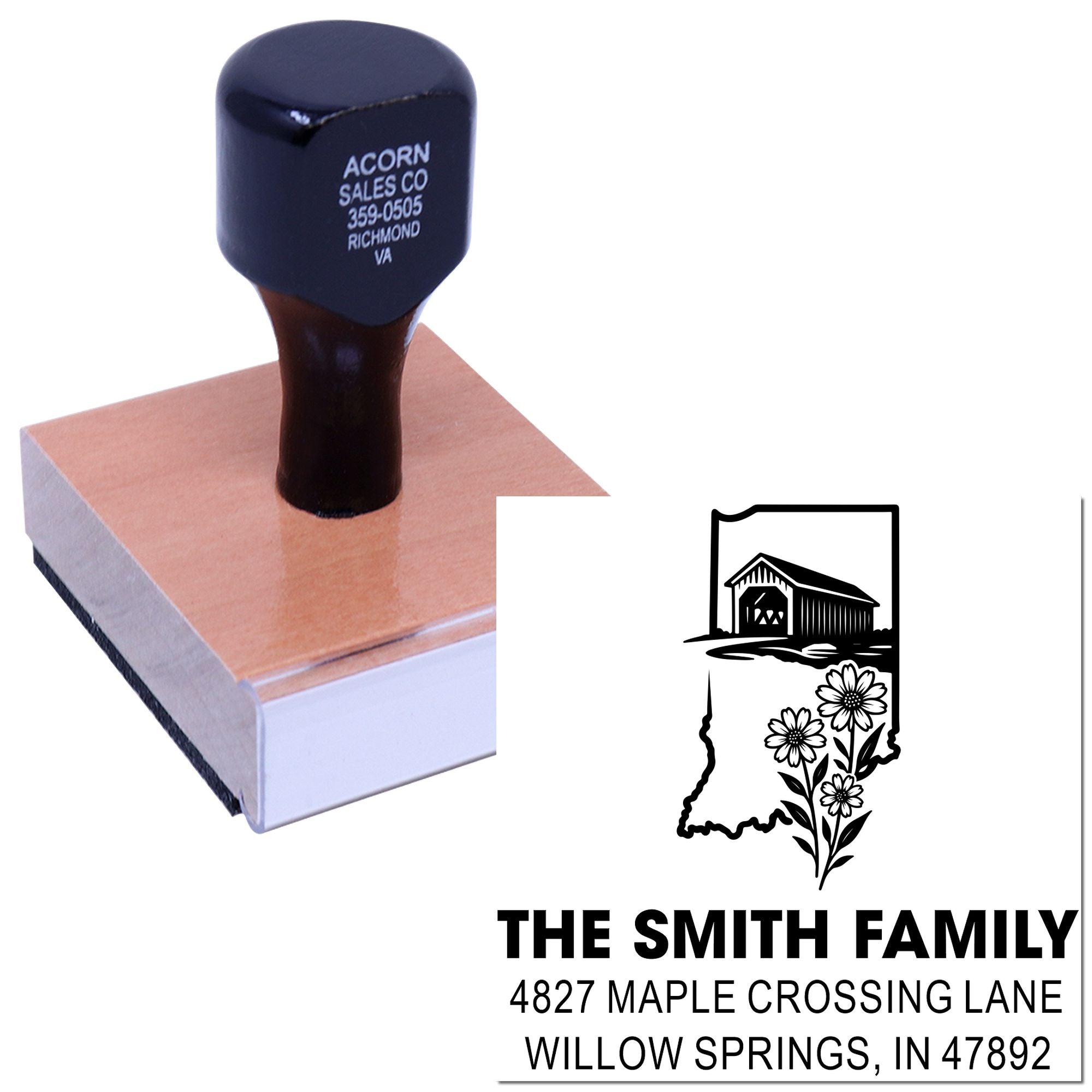 Custom self-inking rubber address stamp with barn and floral design for The Smith Family return mail.