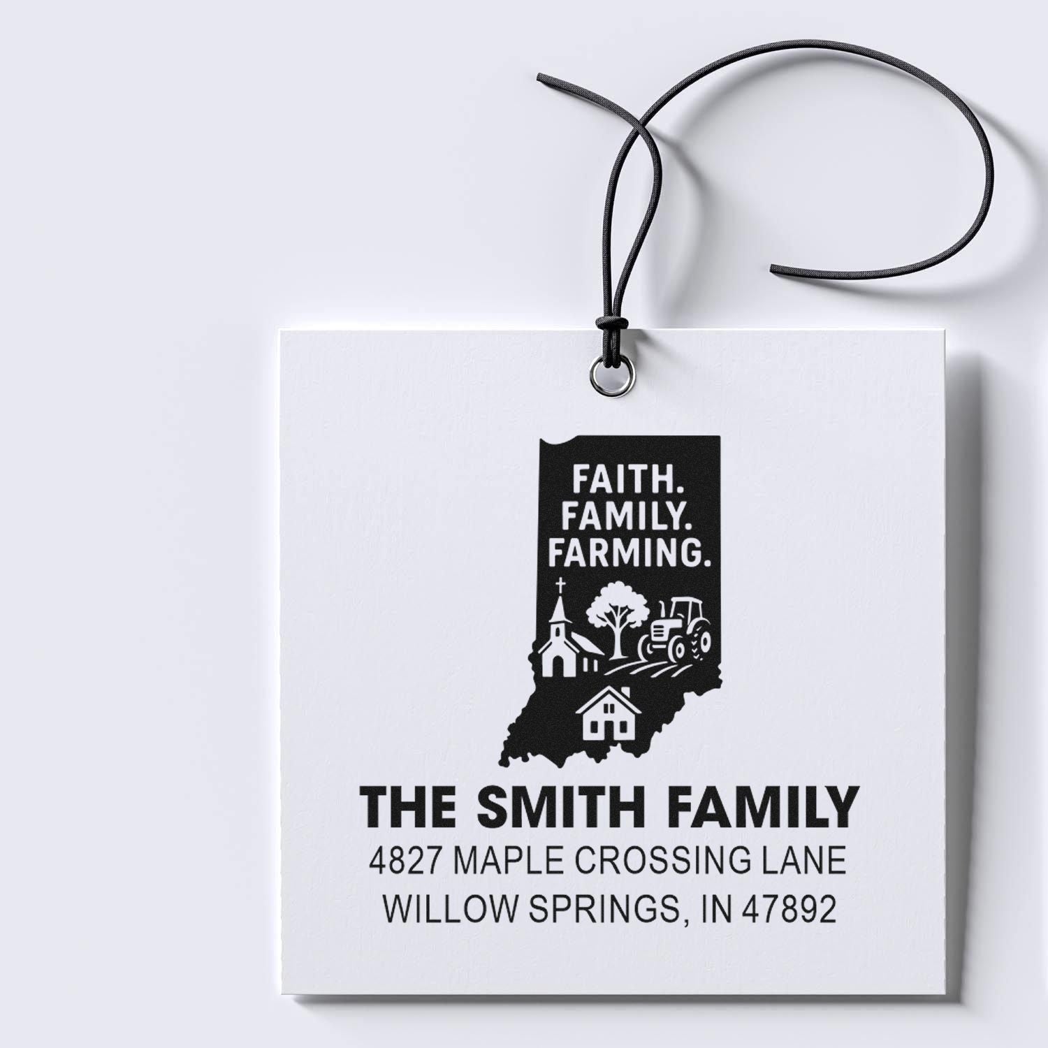 Personalized family farm rubber stamp with Faith Family Farming Indiana design, Smith family name, and custom return address.