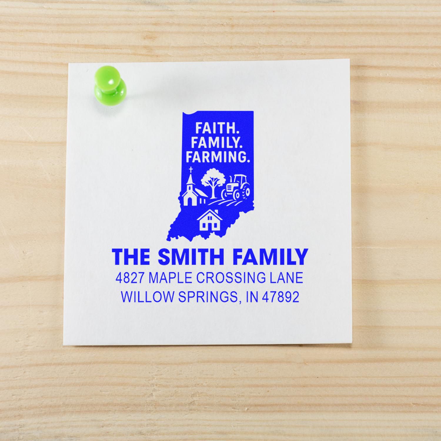 Personalized address rubber stamp impression with Indiana farm design, Faith, Family, Farming, for the Smith family.