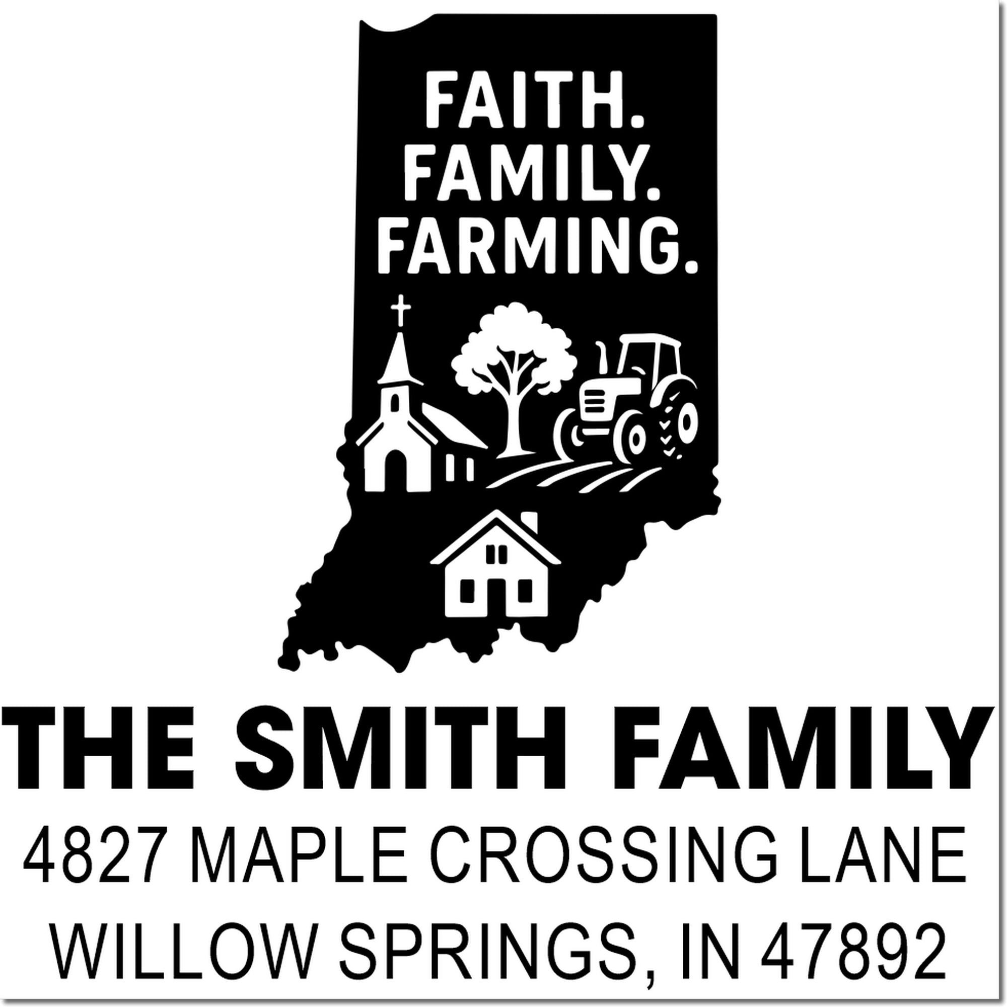 Custom rubber stamp for The Smith Family, Faith Family Farming, Indiana farm address with church, tractor, home and tree icons.
