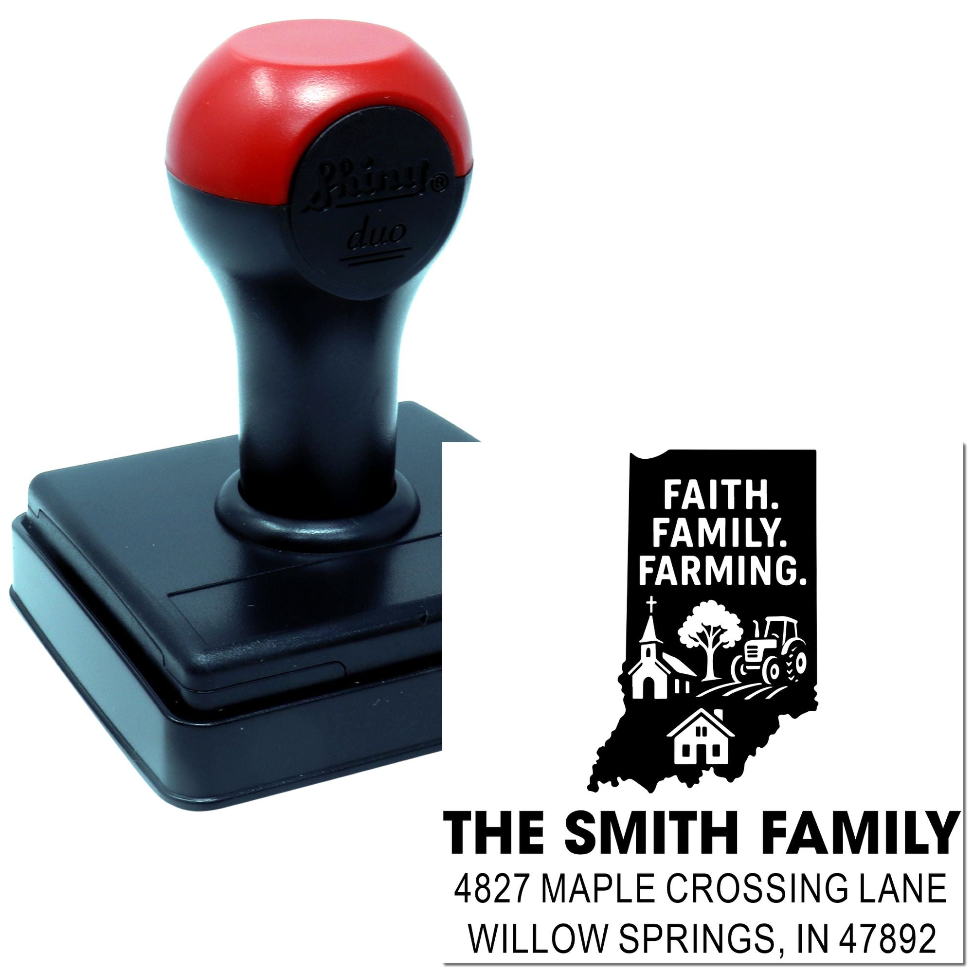 Custom self-inking address stamp for The Smith Family, featuring a Faith, Family, Farming farm design.