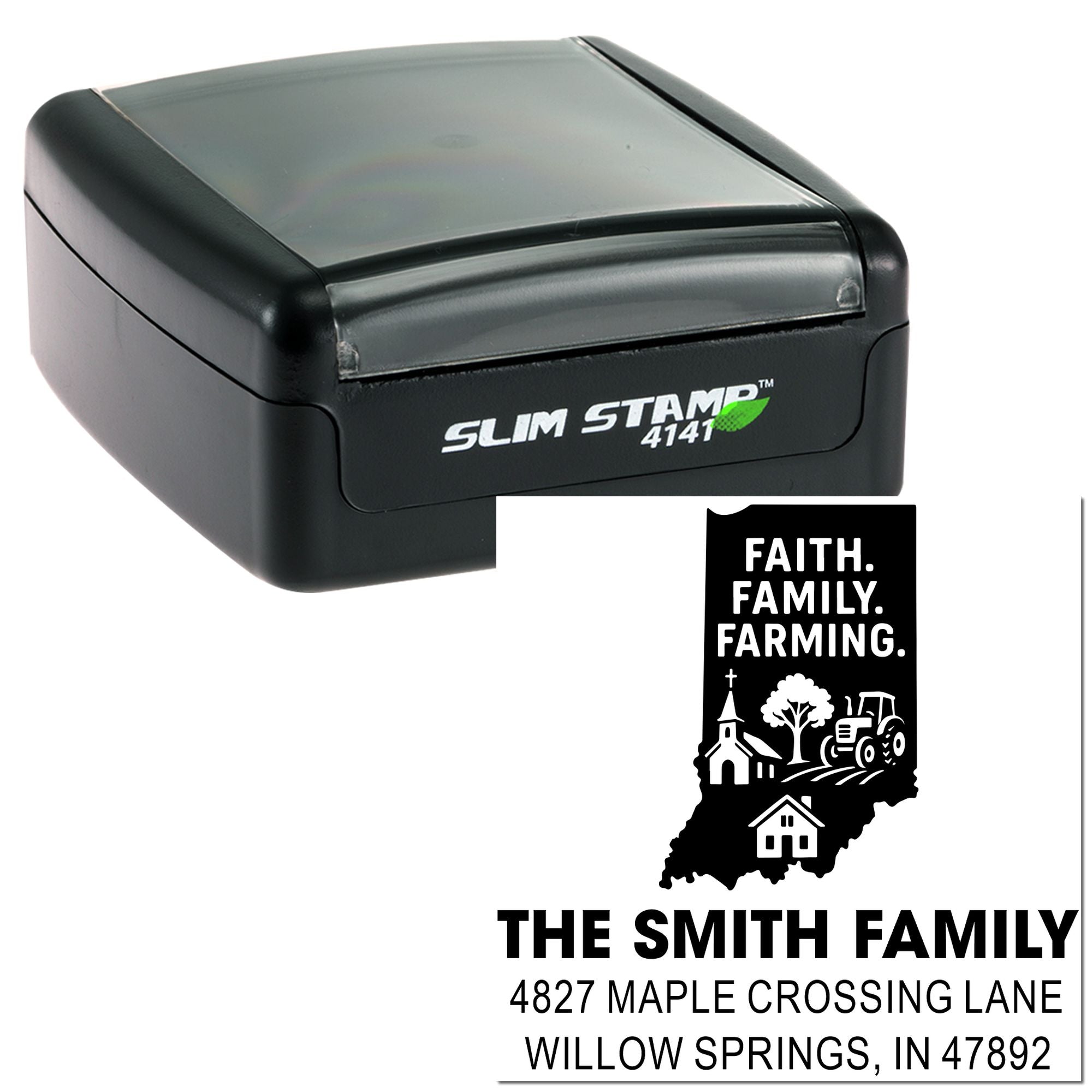 Custom self-inking Slim Stamp 4141 rubber stamp with Indiana farm family return address and faith-themed design.