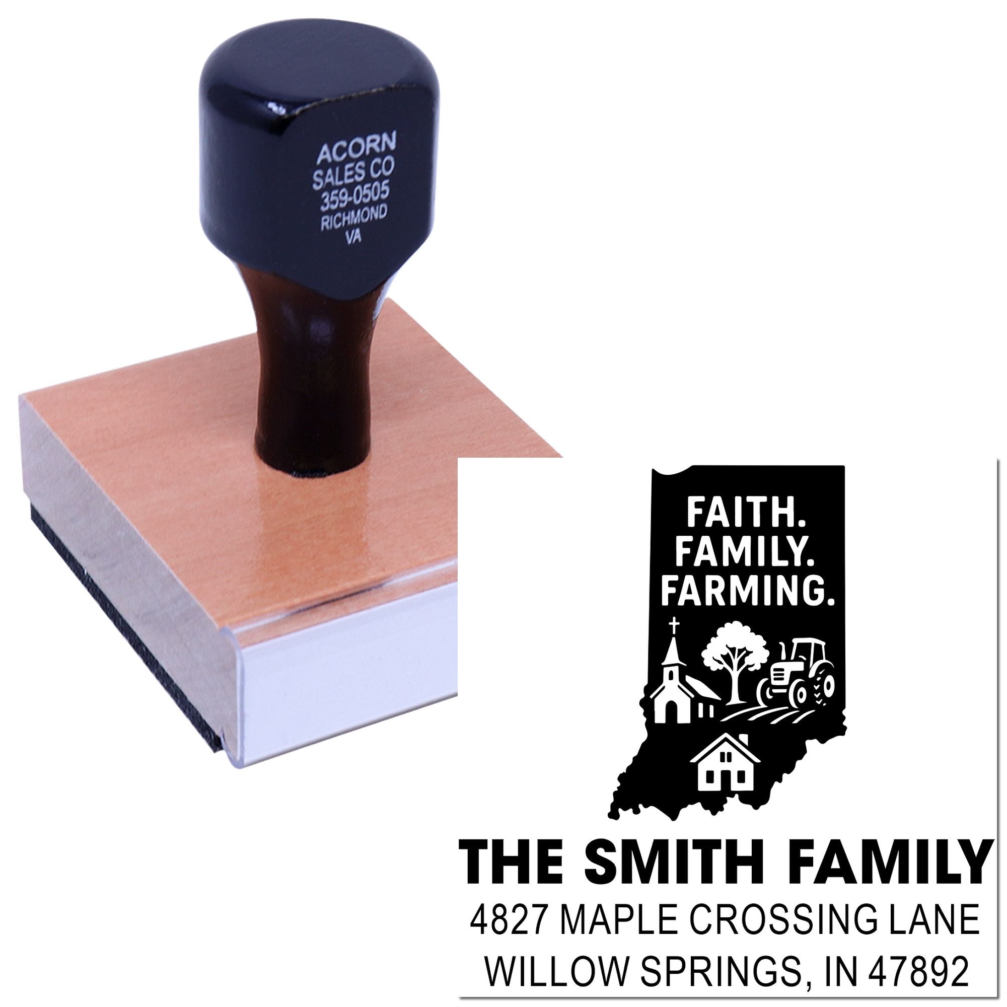 Custom rubber stamp for personalized farm return address use, featuring Faith. Family. Farming. family name and address design.