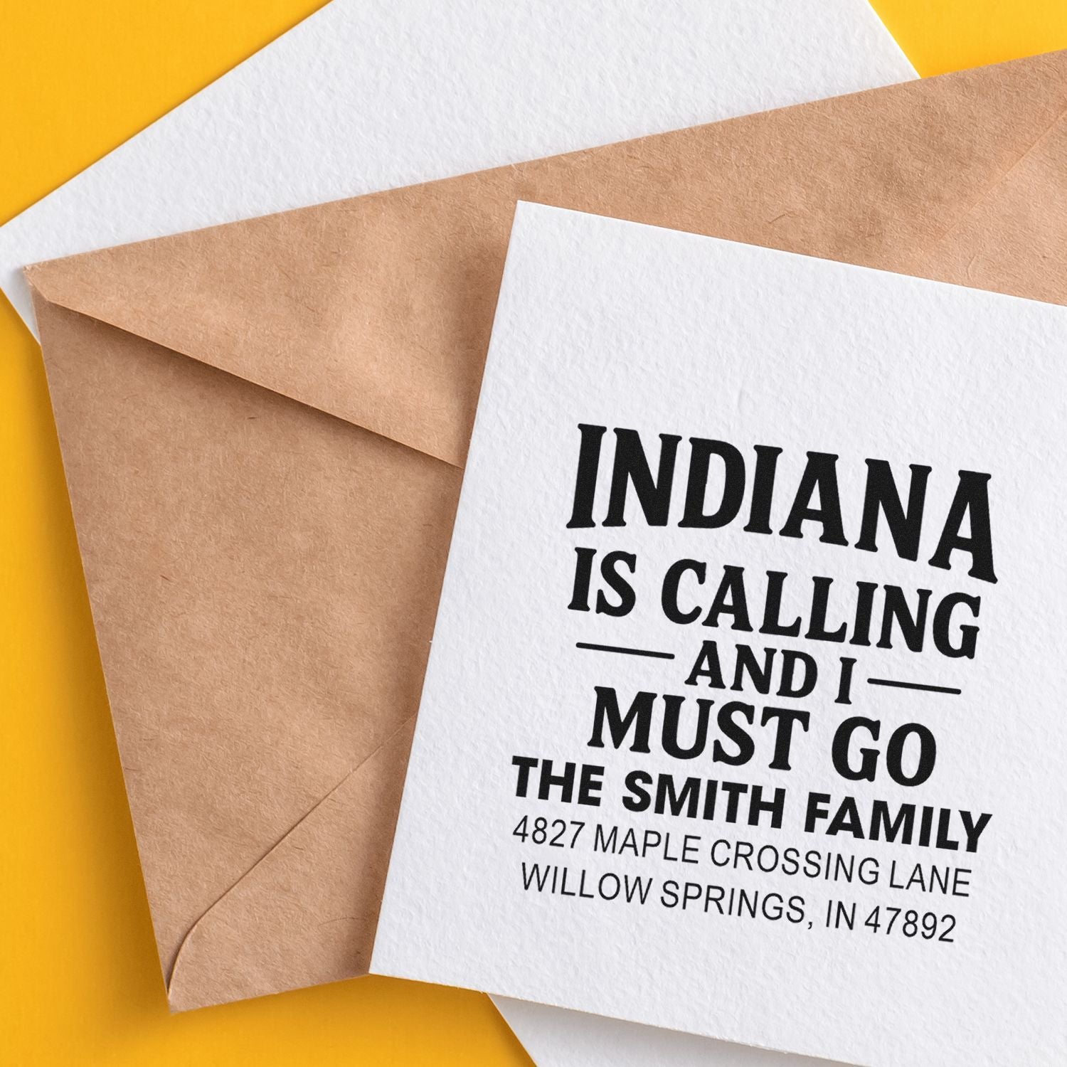 Custom return address rubber stamp for family stationery with Indiana is calling and I must go quote.