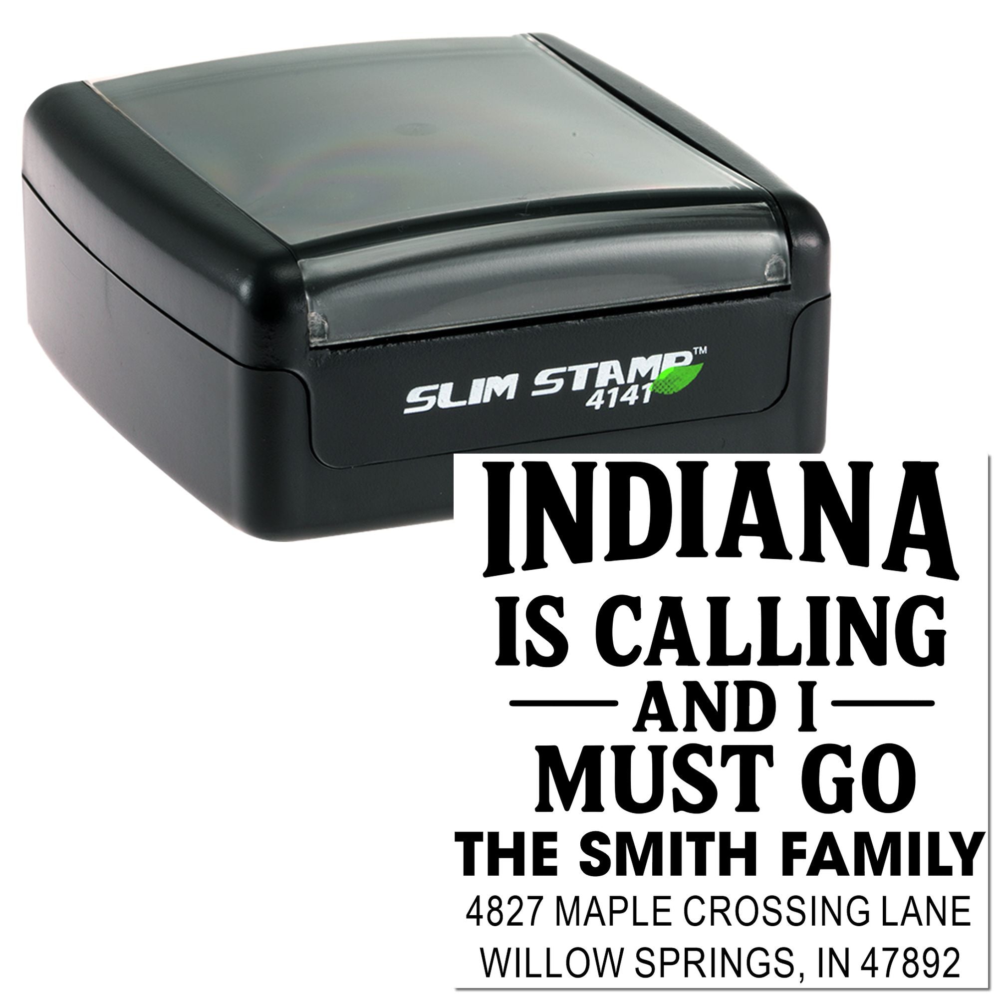 Custom Indiana return address rubber stamp with Indiana Is Calling slogan and Smith family mailing address design.