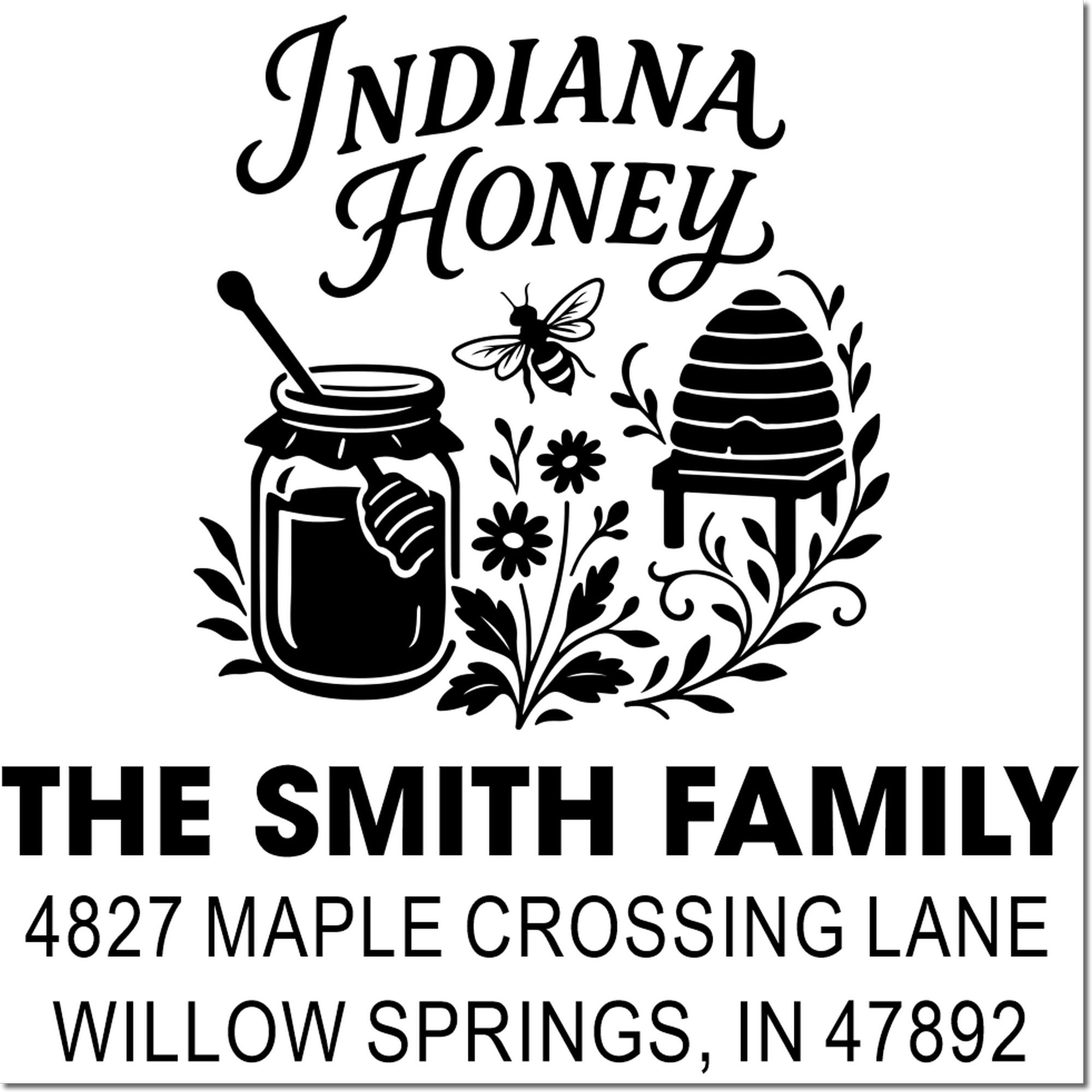 Personalized Indiana Honey return address rubber stamp with bee, hive, and honey jar for The Smith Family, Willow Springs, IN.