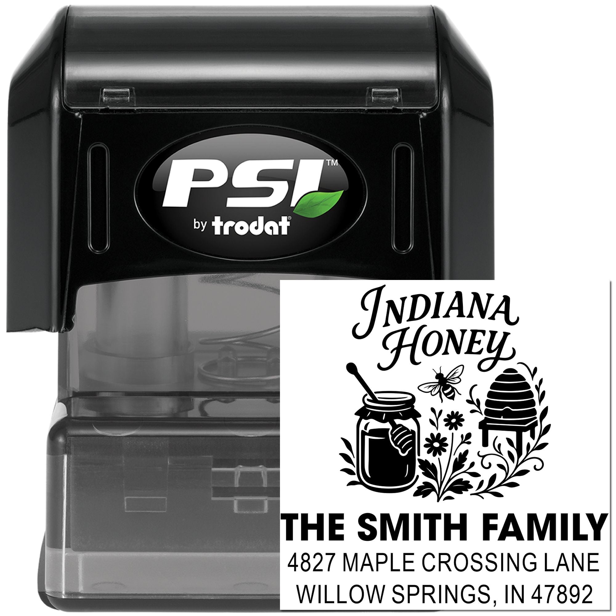 Custom self-inking rubber stamp by PSI by Trodat with Indiana Honey artwork and Smith family return address.