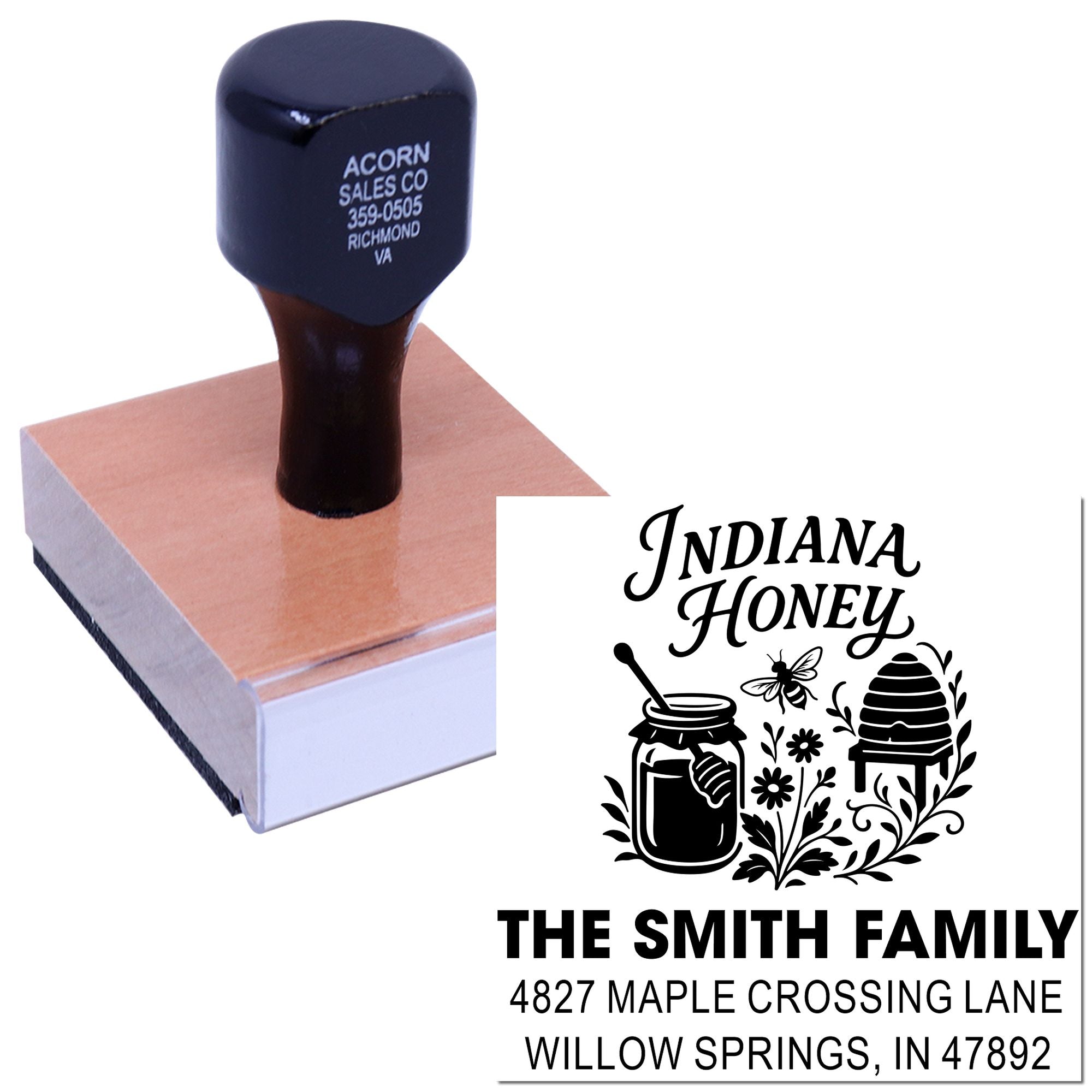 Custom honey label rubber stamp with family name, beehive graphic, and return address.