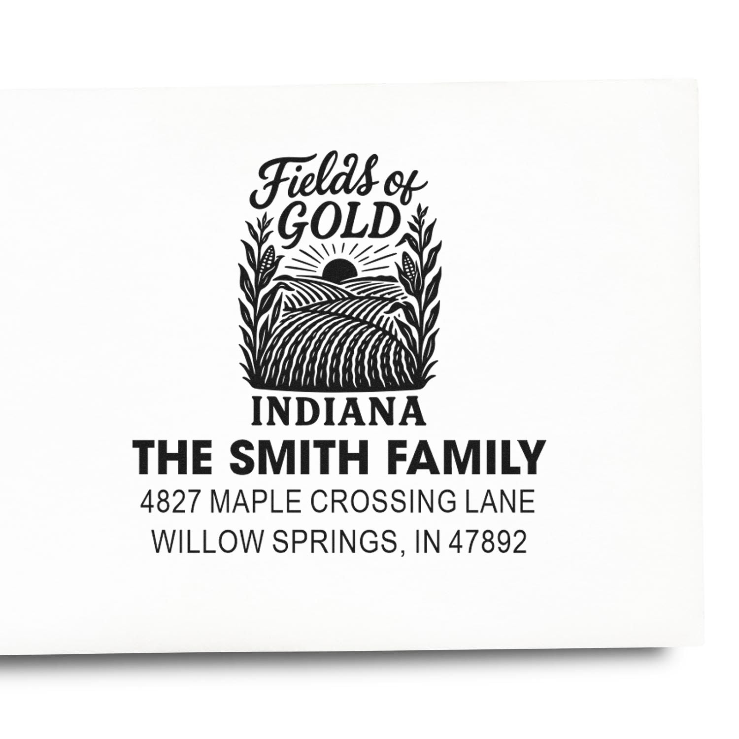 Custom return address rubber stamp for The Smith Family, Willow Springs, Indiana, with Fields of Gold farm design.