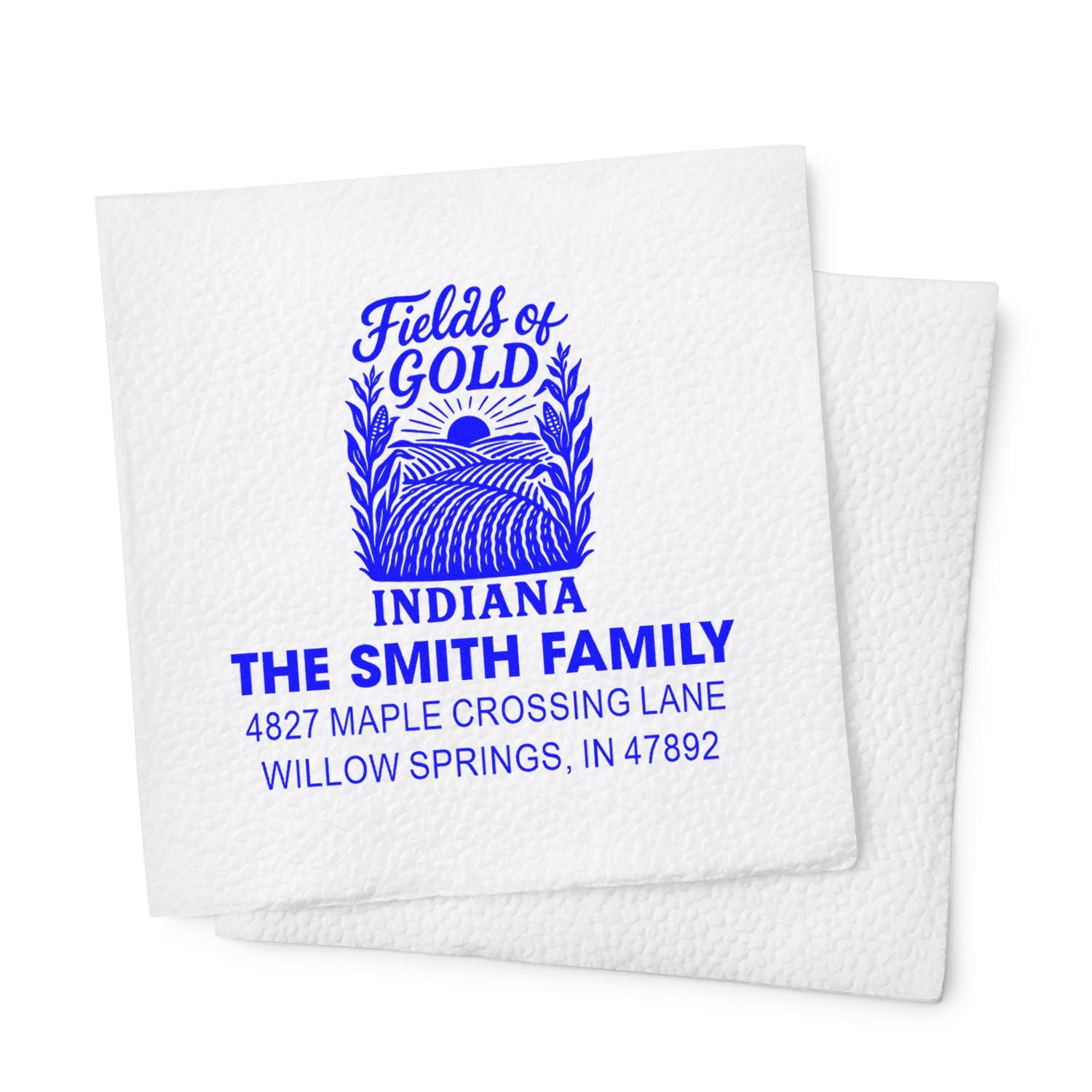 Custom return address rubber stamp for The Smith Family, featuring a Fields of Gold farm design in Indiana.