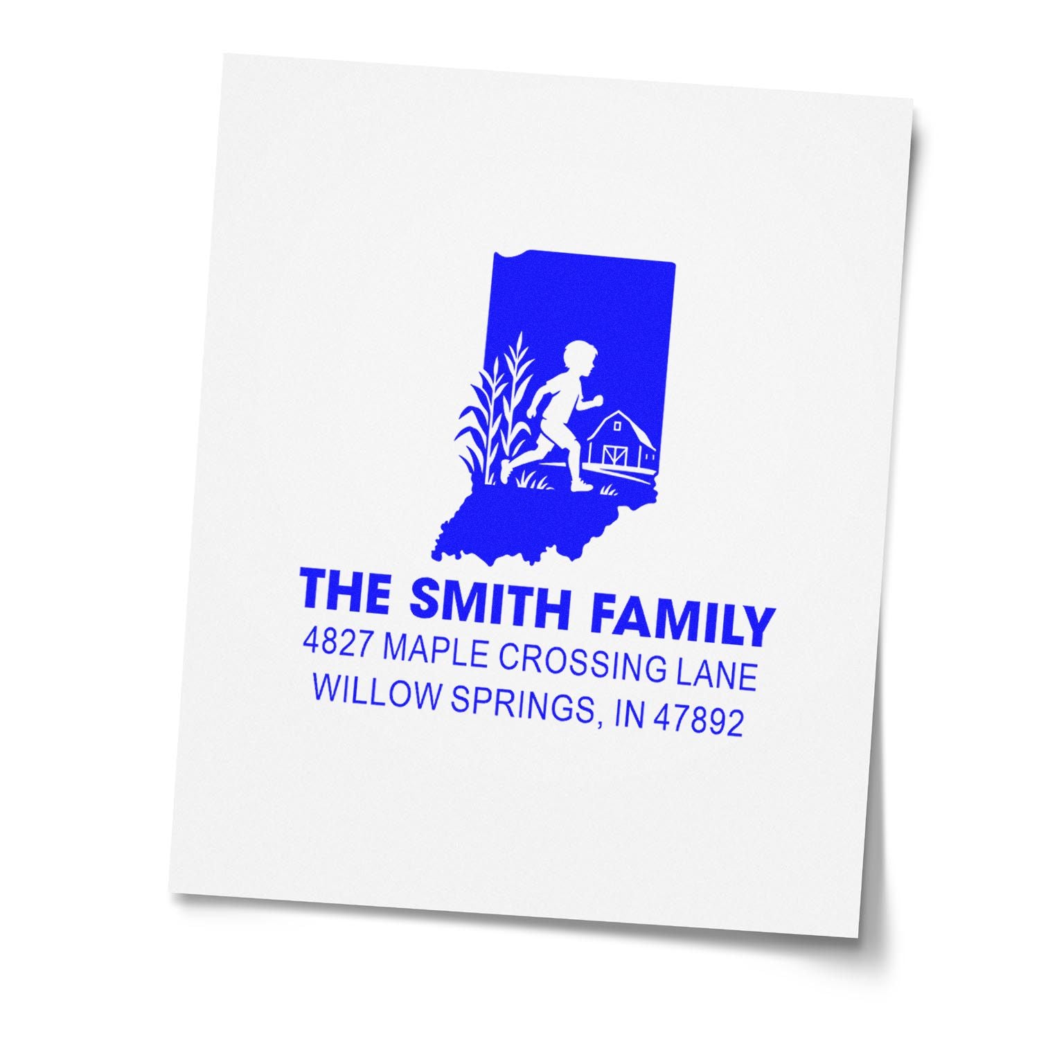 Personalized family return address rubber stamp with Indiana outline, farm scene, and custom name and address.