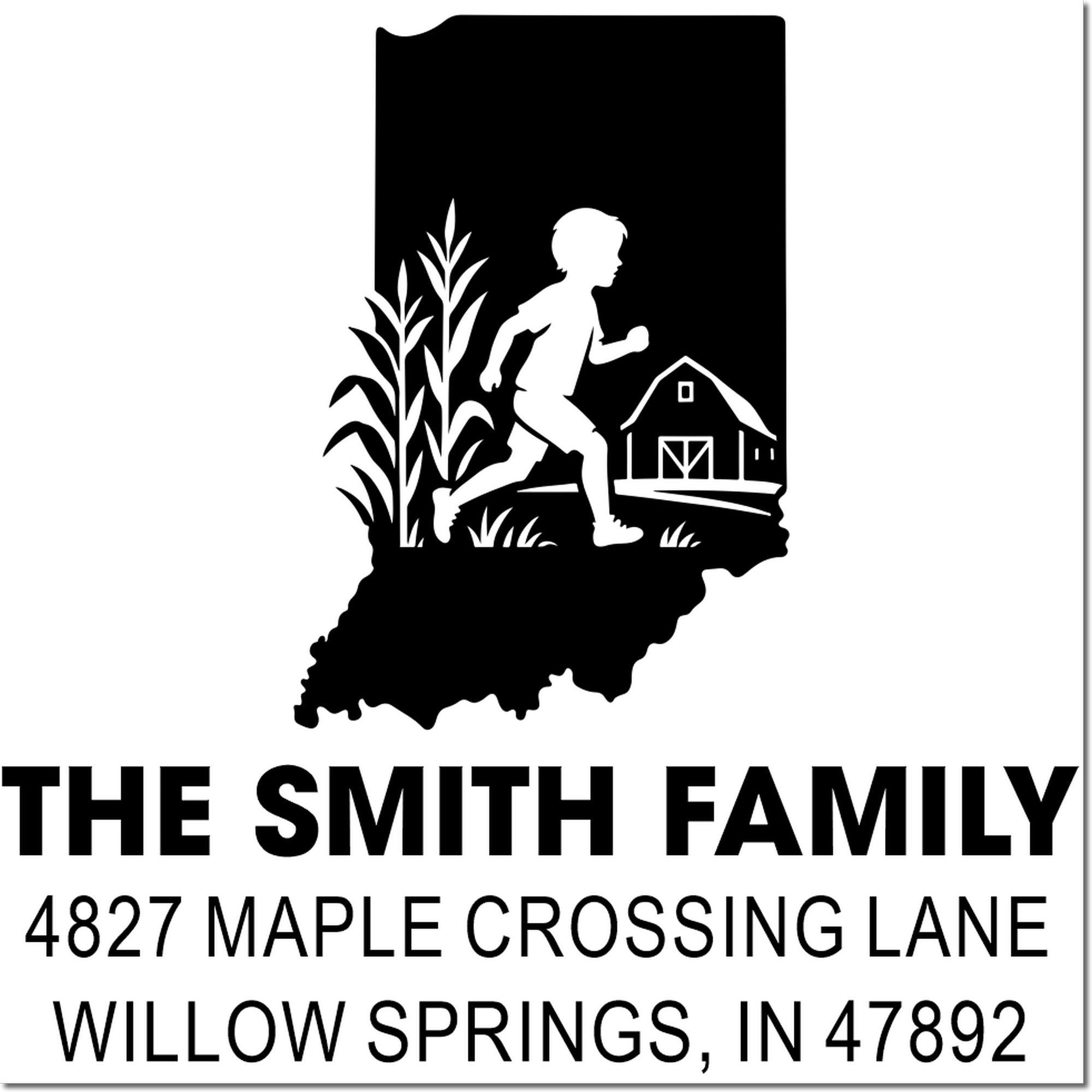 Custom return address rubber stamp with Indiana silhouette, farm scene, and The Smith Family, Willow Springs, IN 47892.
