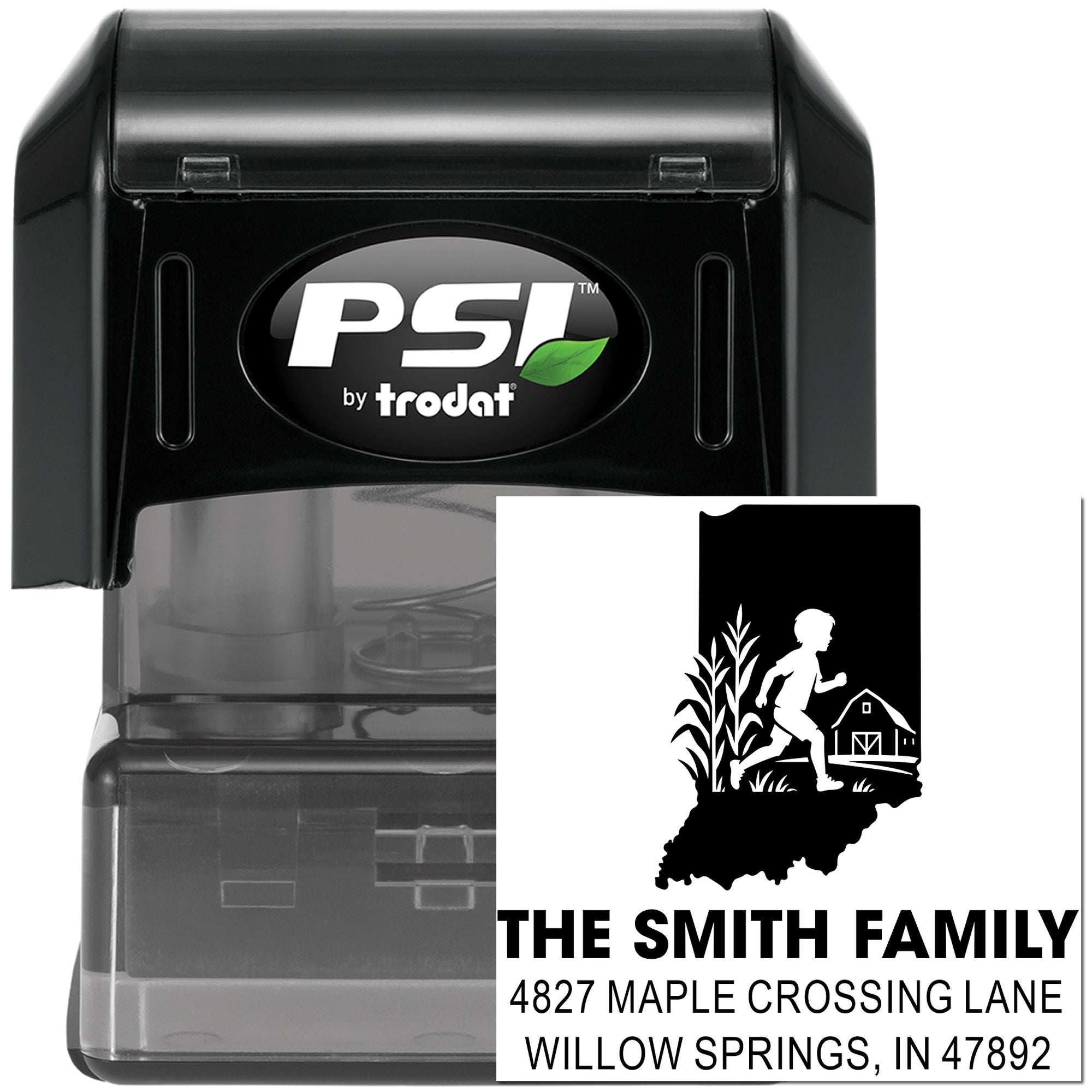 Personalized self-inking rubber stamp for family return address, PSI by Trodat custom address stamp with logo design