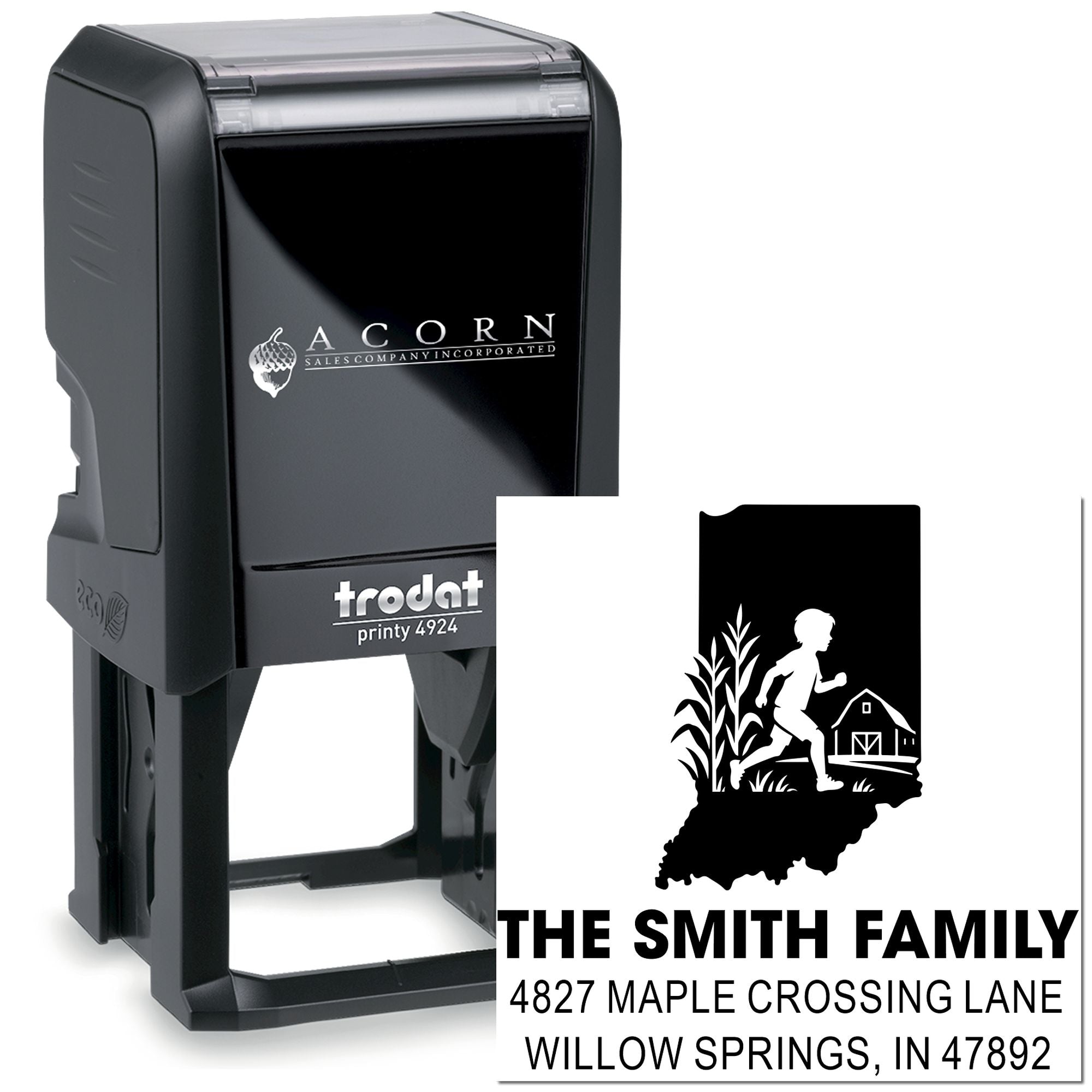 Custom self-inking rubber address stamp with family name, farm silhouette, and return address for mailing.