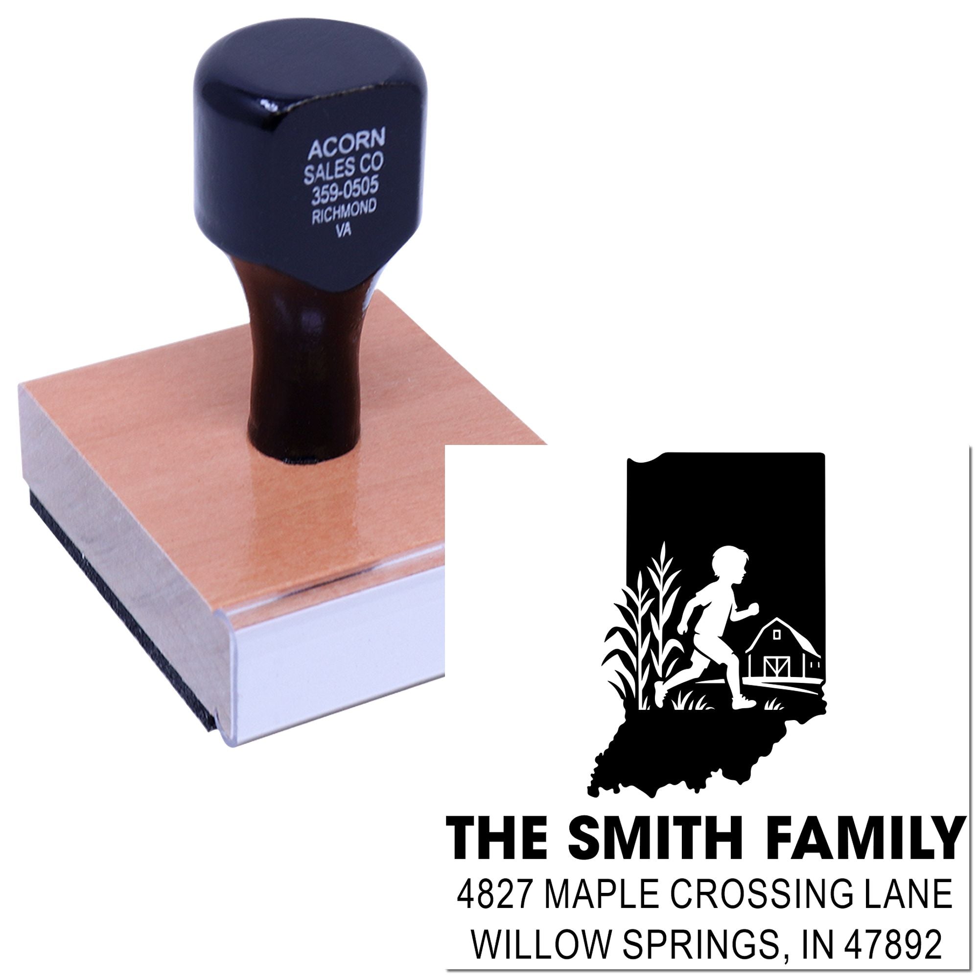 Personalized rubber address stamp with The Smith Family farm design and Indiana mailing address.