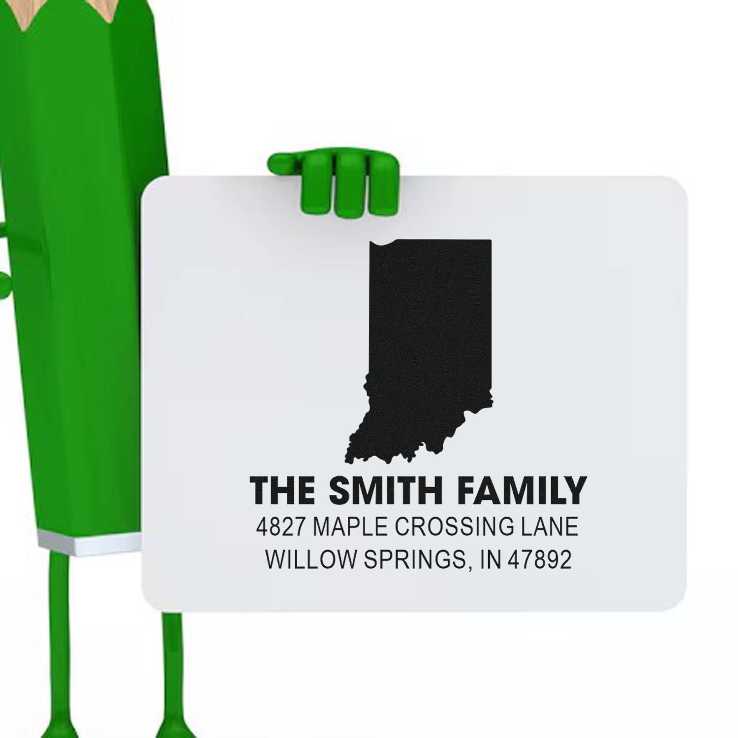 Personalized Smith family return address rubber stamp design with Indiana silhouette for custom envelope mailing.