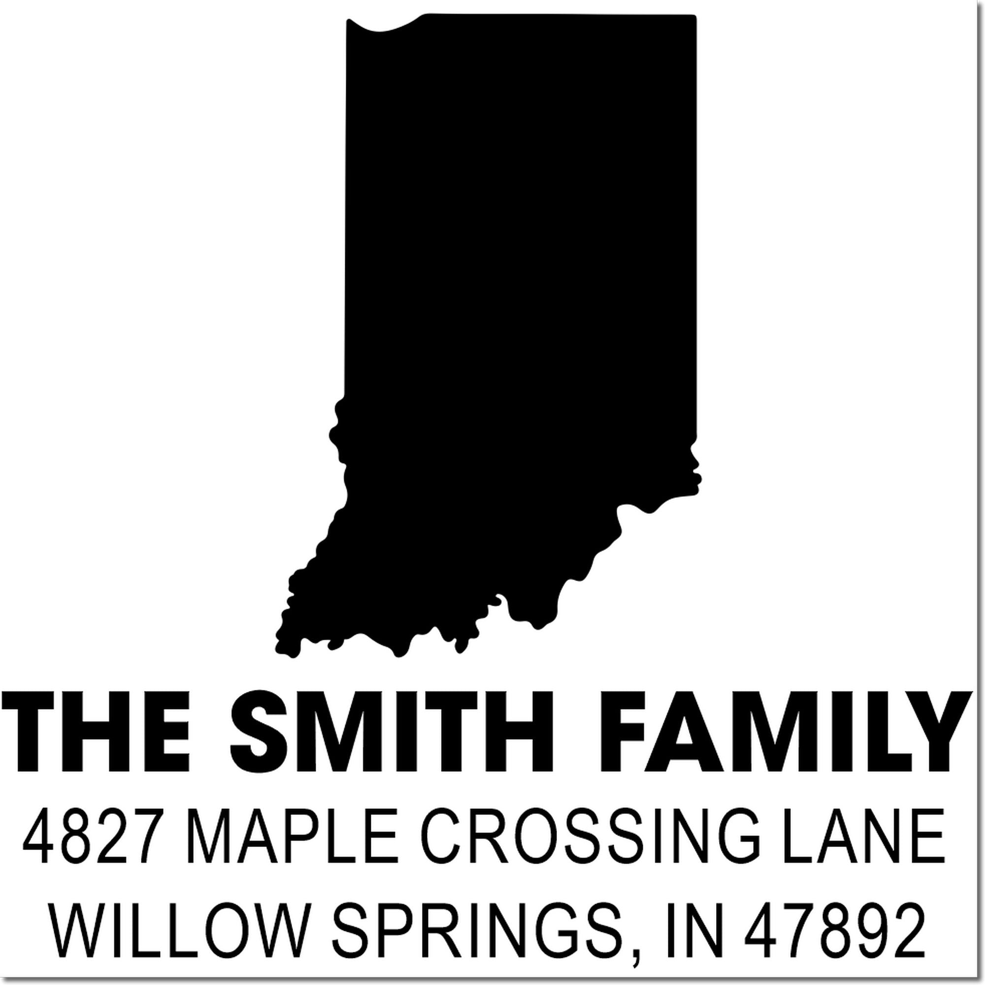 Custom Indiana address rubber stamp for The Smith Family, 4827 Maple Crossing Lane, Willow Springs, IN 47892.