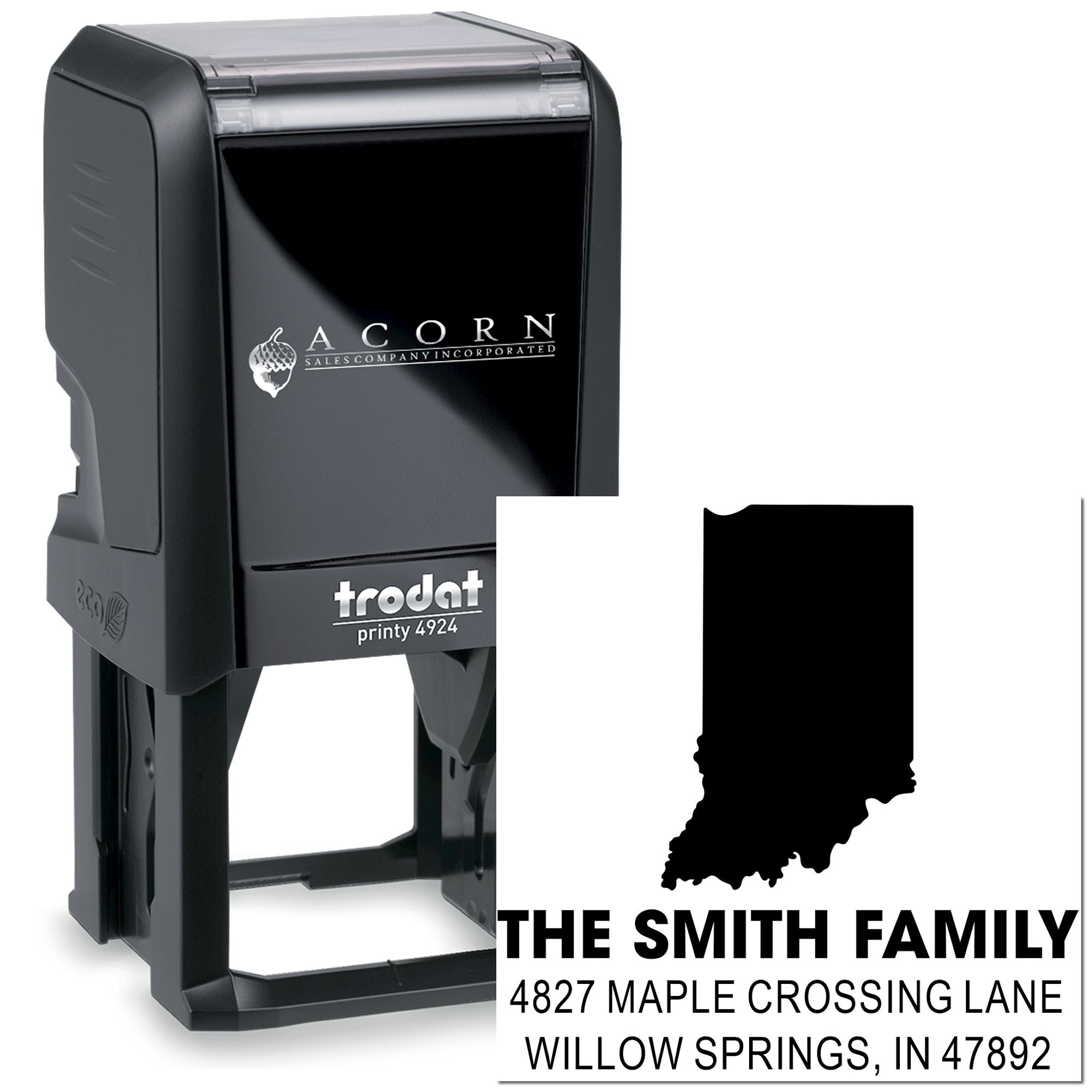 Custom self-inking address rubber stamp with Indiana state design for The Smith Family home address.