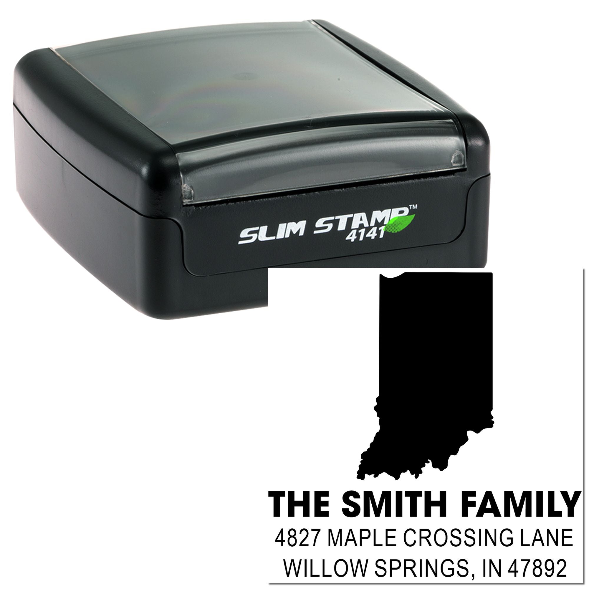 Custom self-inking slim rubber address stamp with Indiana silhouette for The Smith Family and Willow Springs, IN.
