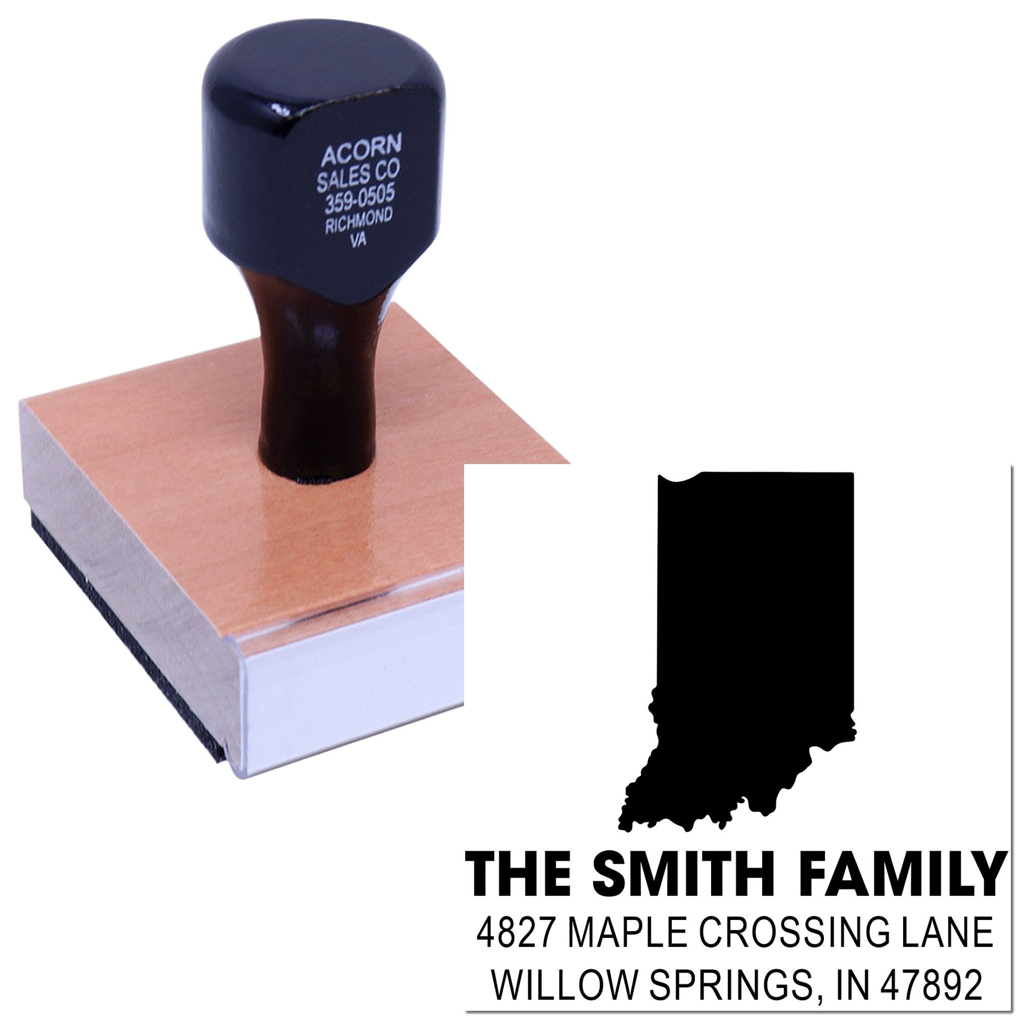 Custom rubber address stamp for The Smith Family, featuring Indiana silhouette and Willow Springs, IN return address.