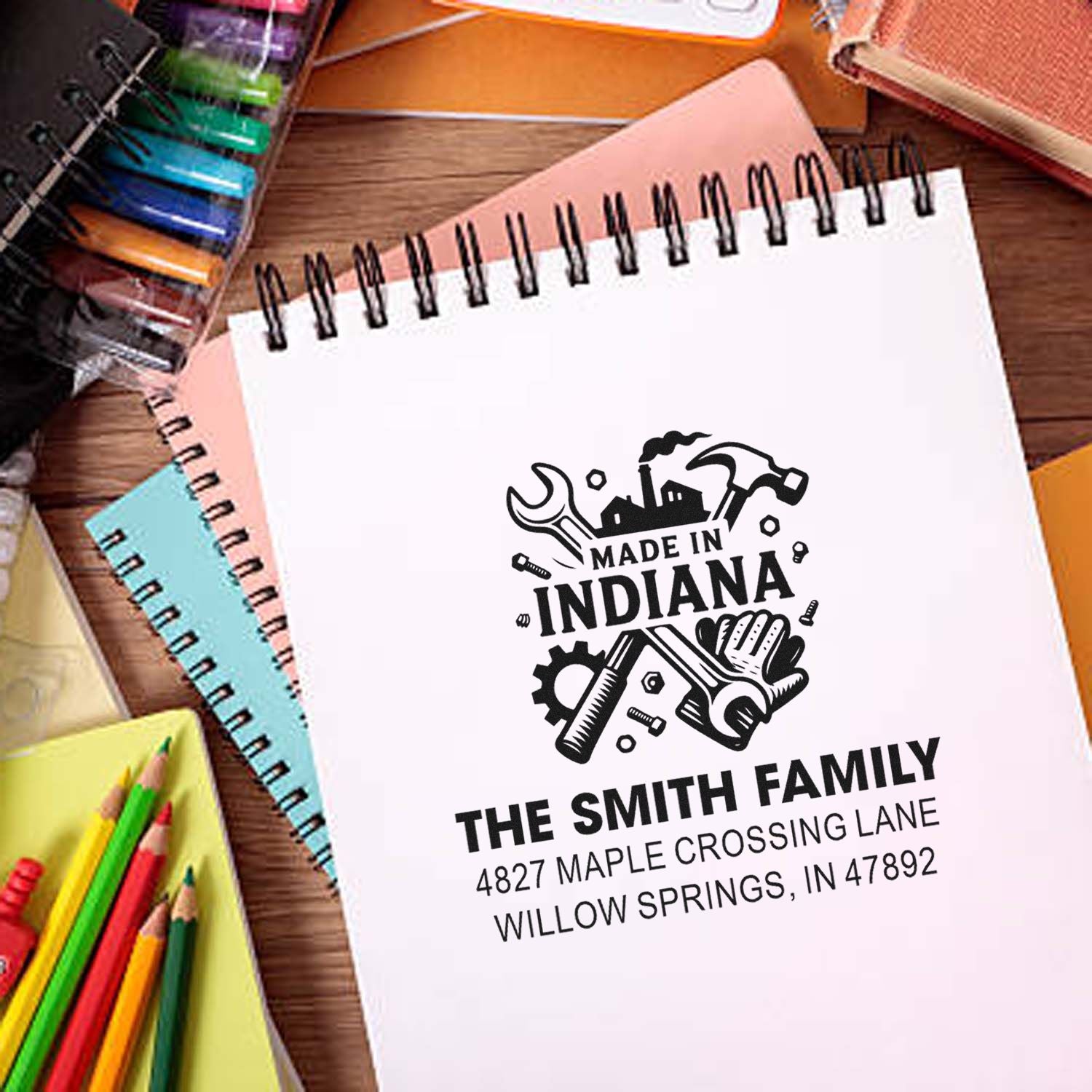 Custom Smith Family address rubber stamp with Made in Indiana design for personalized stationery.