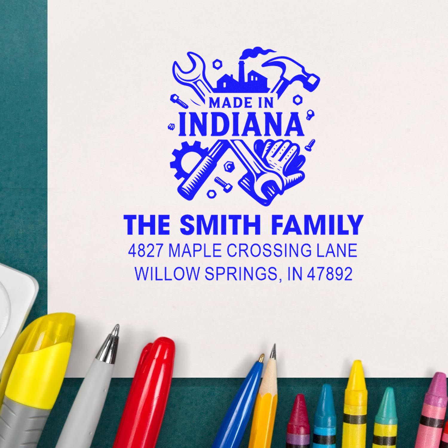 Custom self-inking rubber address stamp for The Smith Family, Willow Springs, IN, with Made in Indiana tool-themed design.