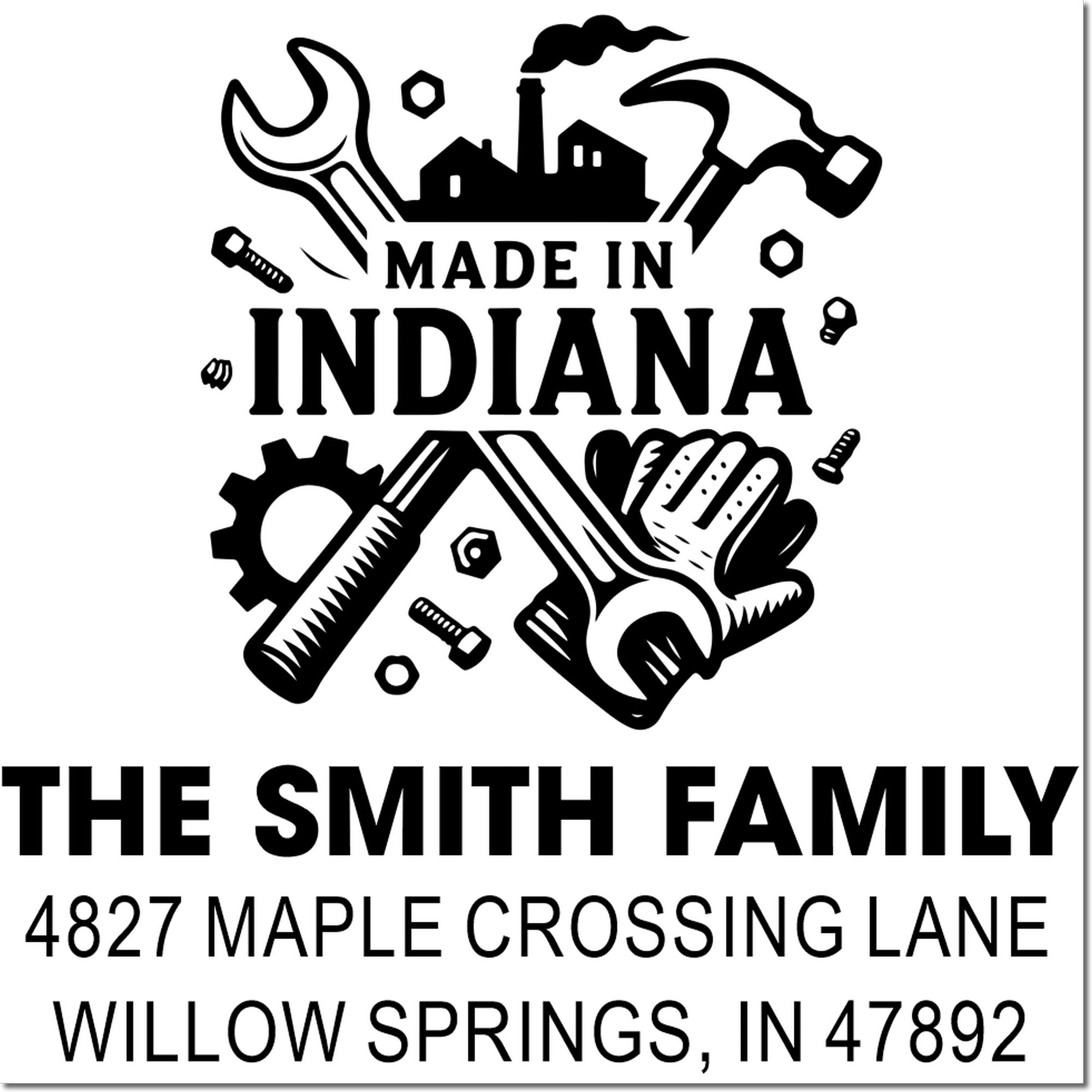 Custom rubber stamp design for The Smith Family return address, featuring Made in Indiana and industrial tools graphic.
