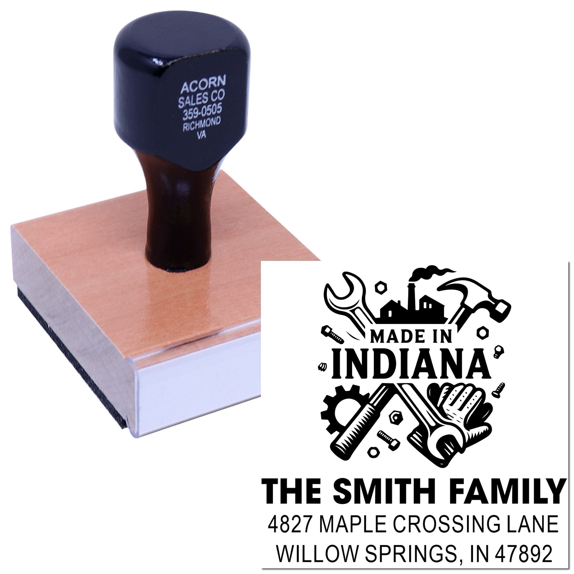 Custom return address rubber stamp featuring Made in Indiana design for The Smith Family home address.