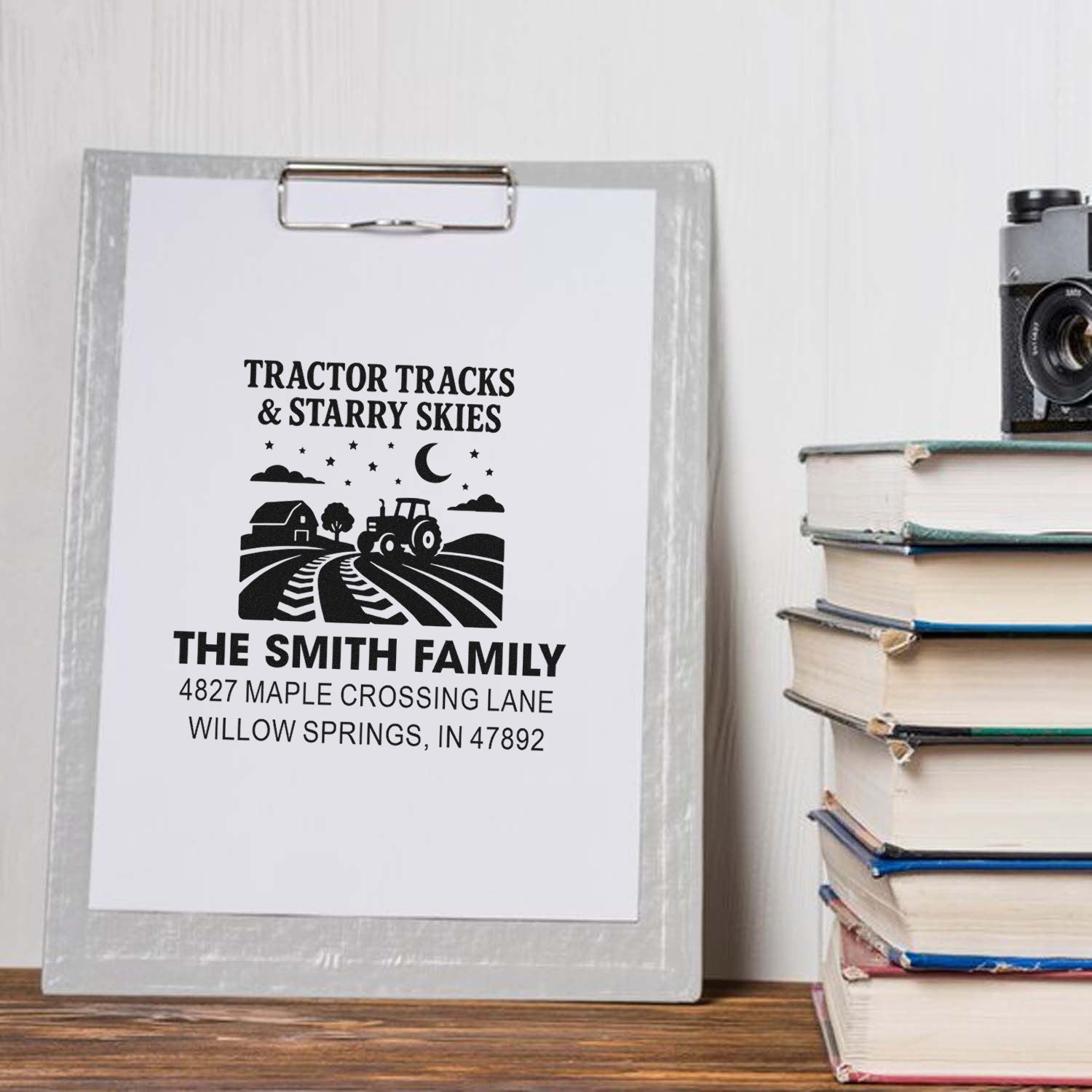 Personalized tractor-themed address rubber stamp for Smith family mail, with farmhouse and starry skies design.