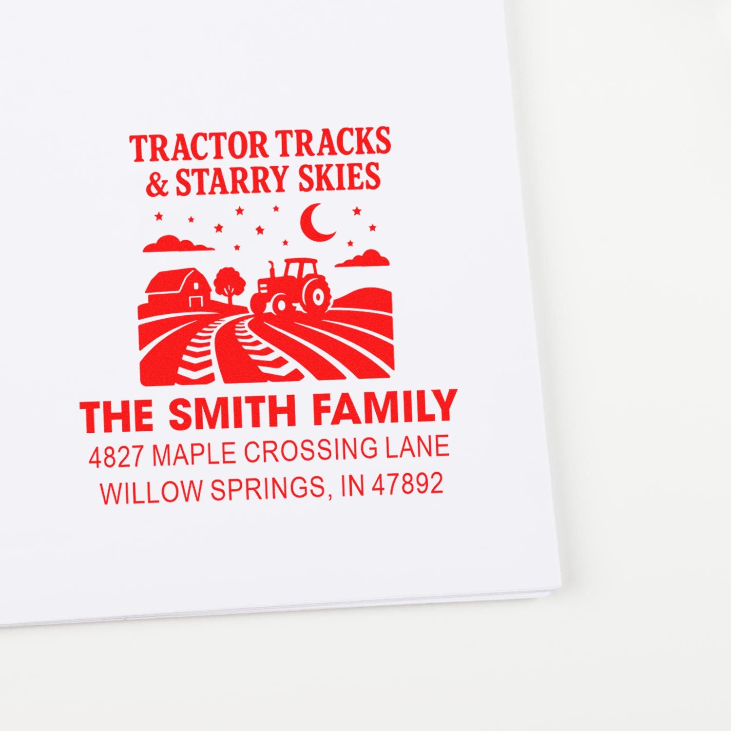 Personalized rubber address stamp with tractor tracks and starry skies for The Smith Family farmhouse return address.