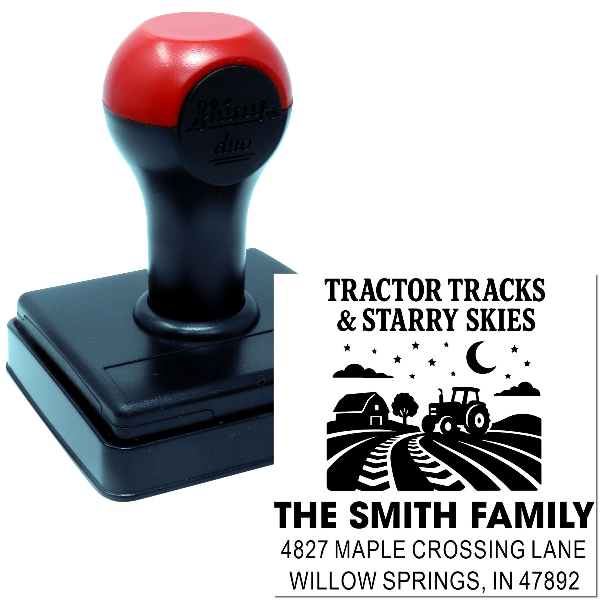 Personalized self-inking rubber stamp with tractor tracks and starry skies for The Smith Family return address.