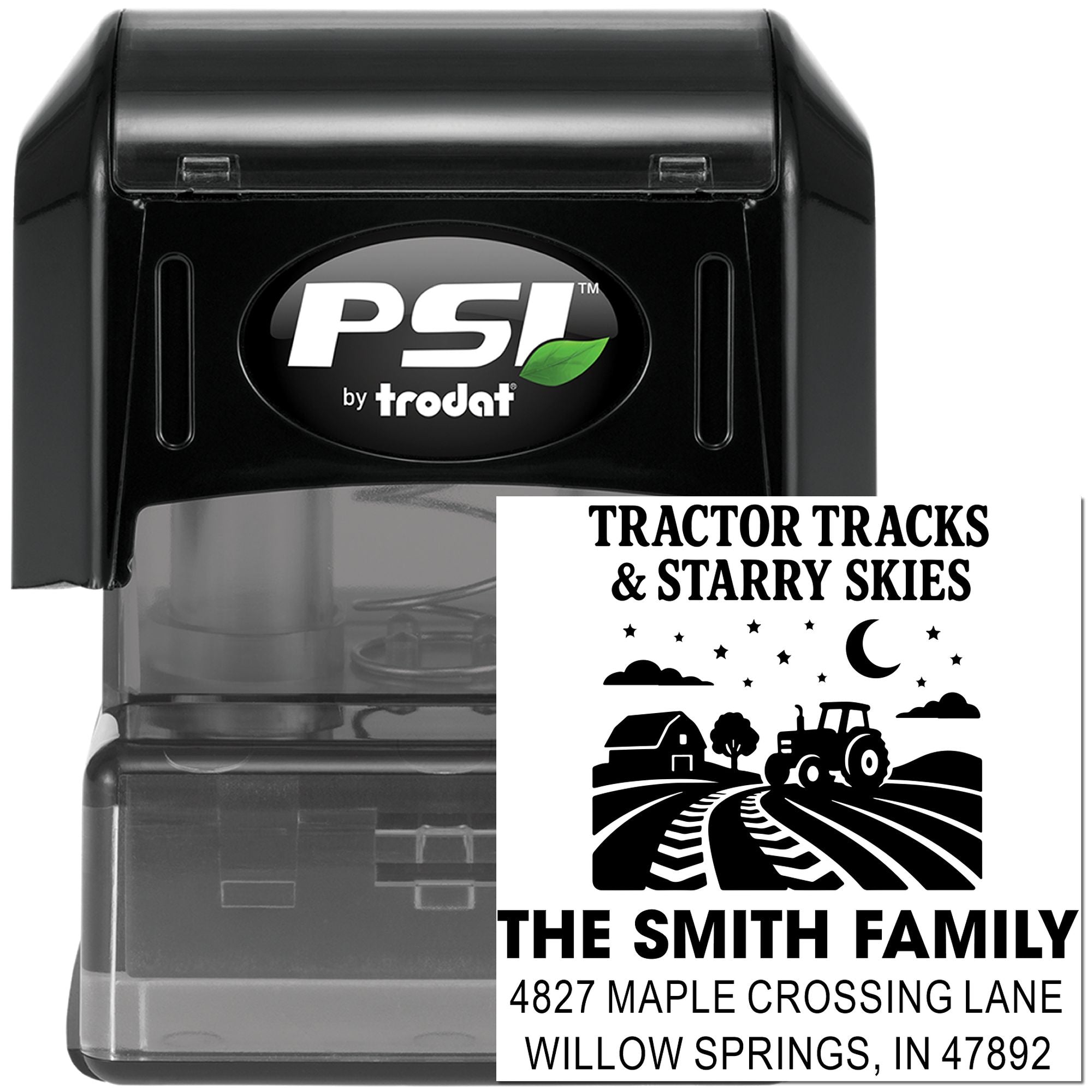 Custom self-inking rubber address stamp with tractor tracks and starry skies design for The Smith Family farm-themed return address.