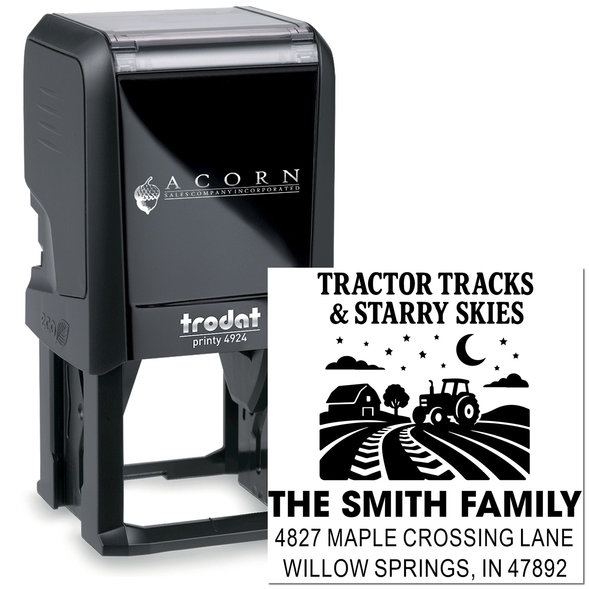 Custom self-inking rubber address stamp for The Smith Family with tractor tracks and starry skies design.