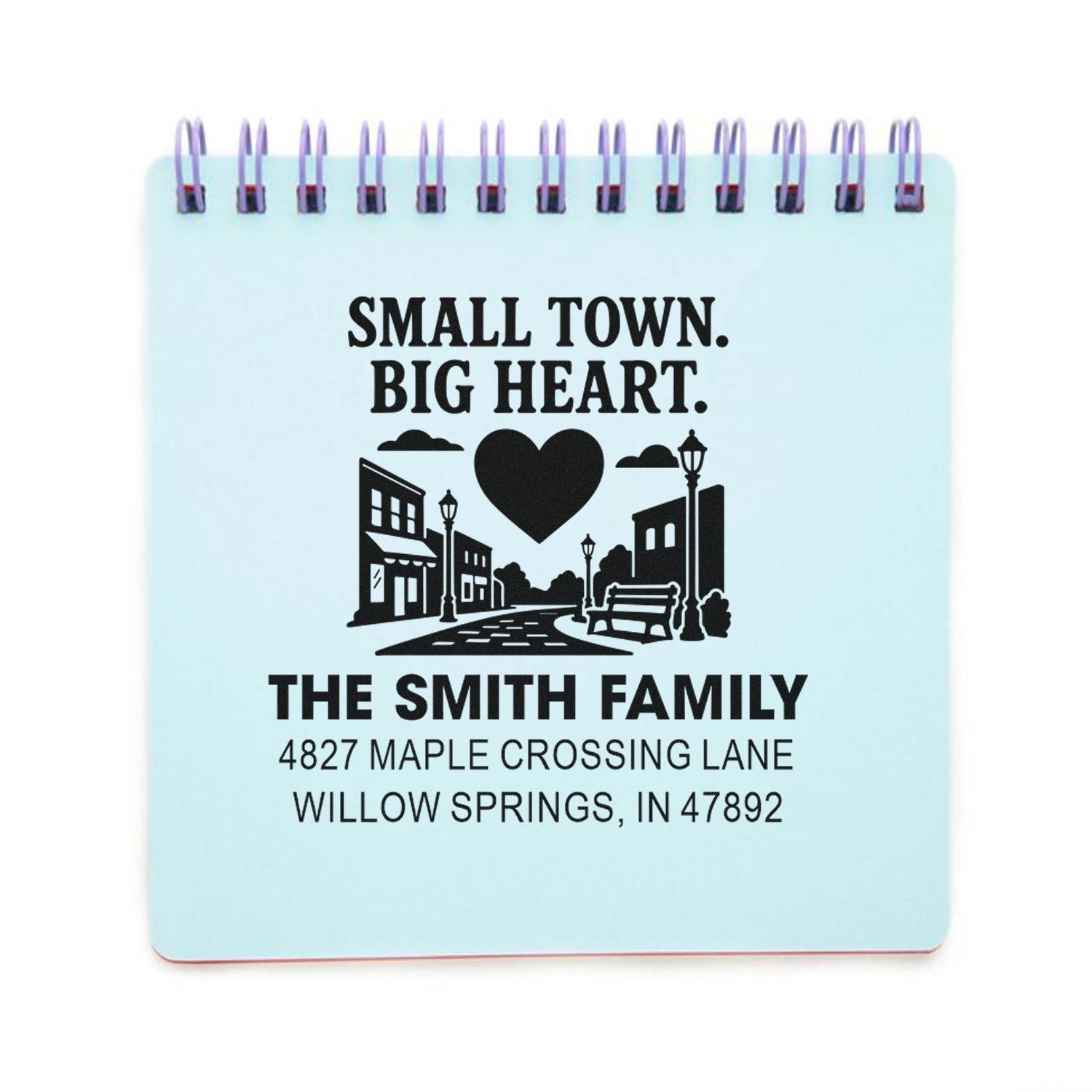 Custom return address rubber stamp with Small Town, Big Heart design for the Smith family mailing label.