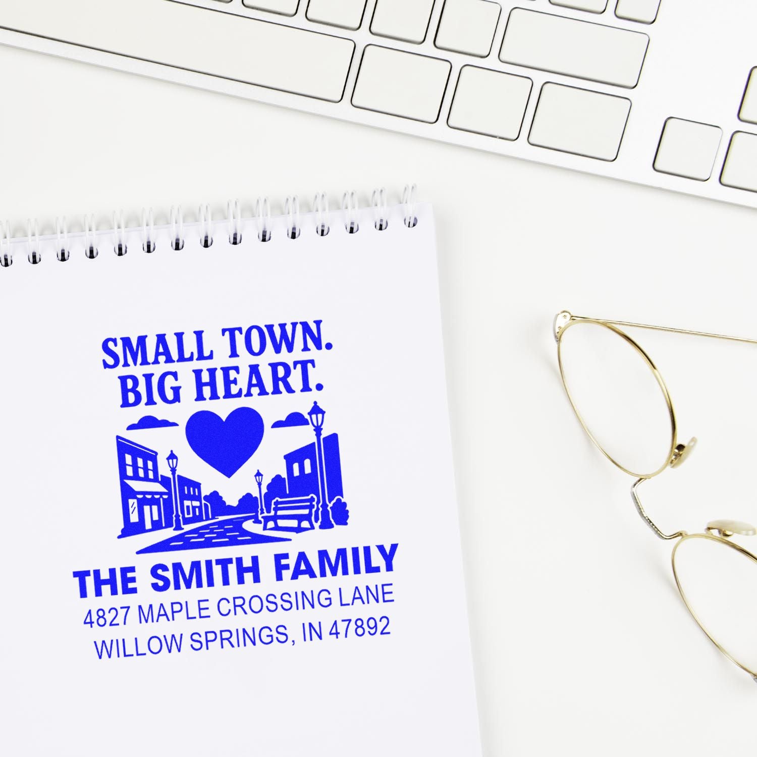 Custom return address rubber stamp with Small Town, Big Heart design for personalized family envelopes and stationery.