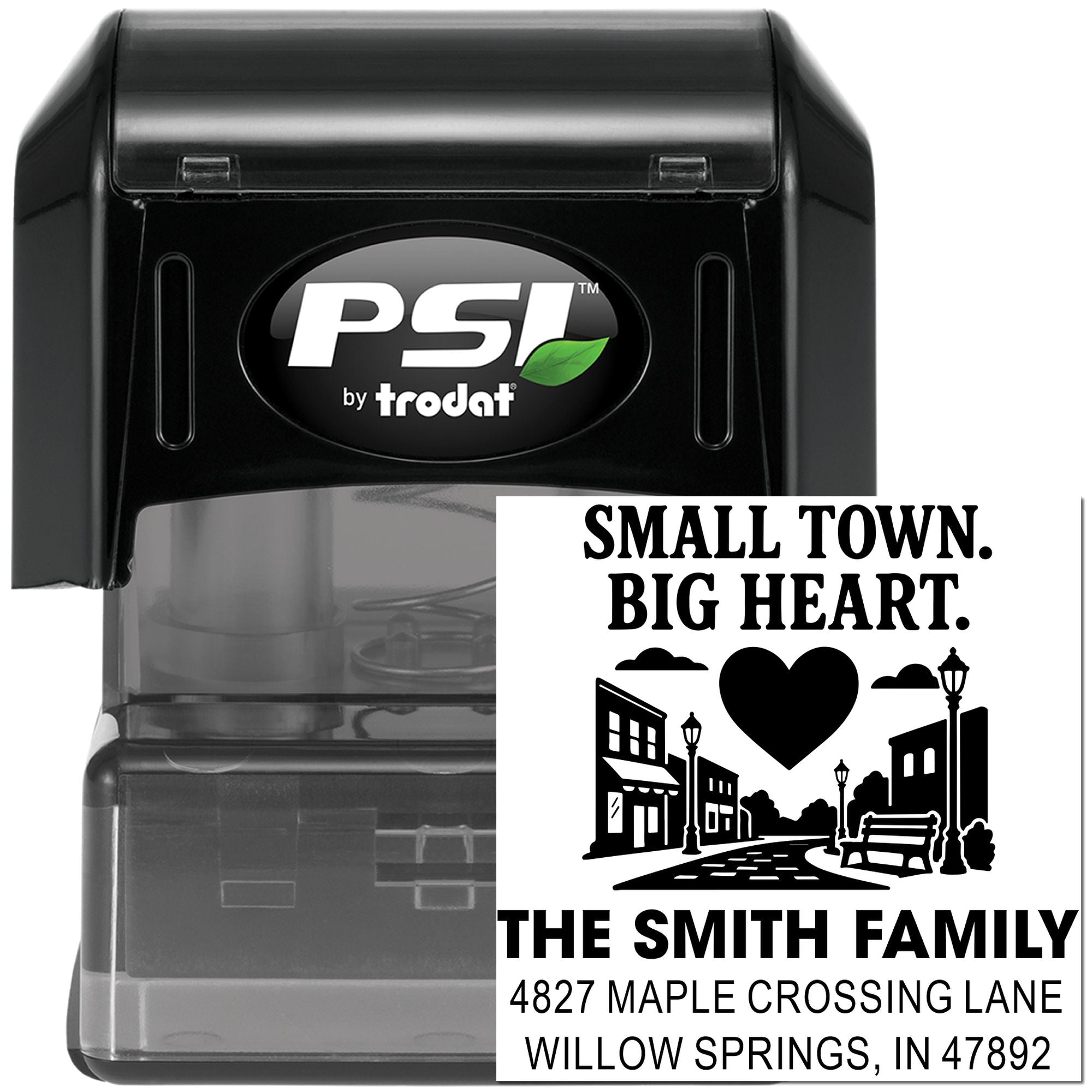 Custom self-inking address stamp by PSI Trodat with Small Town, Big Heart family design for personalized mailings.