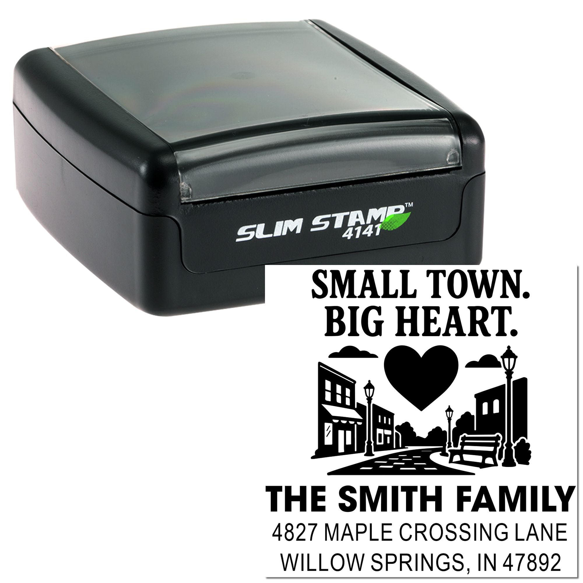 Custom self-inking return address rubber stamp with Small Town, Big Heart family design for The Smith Family.