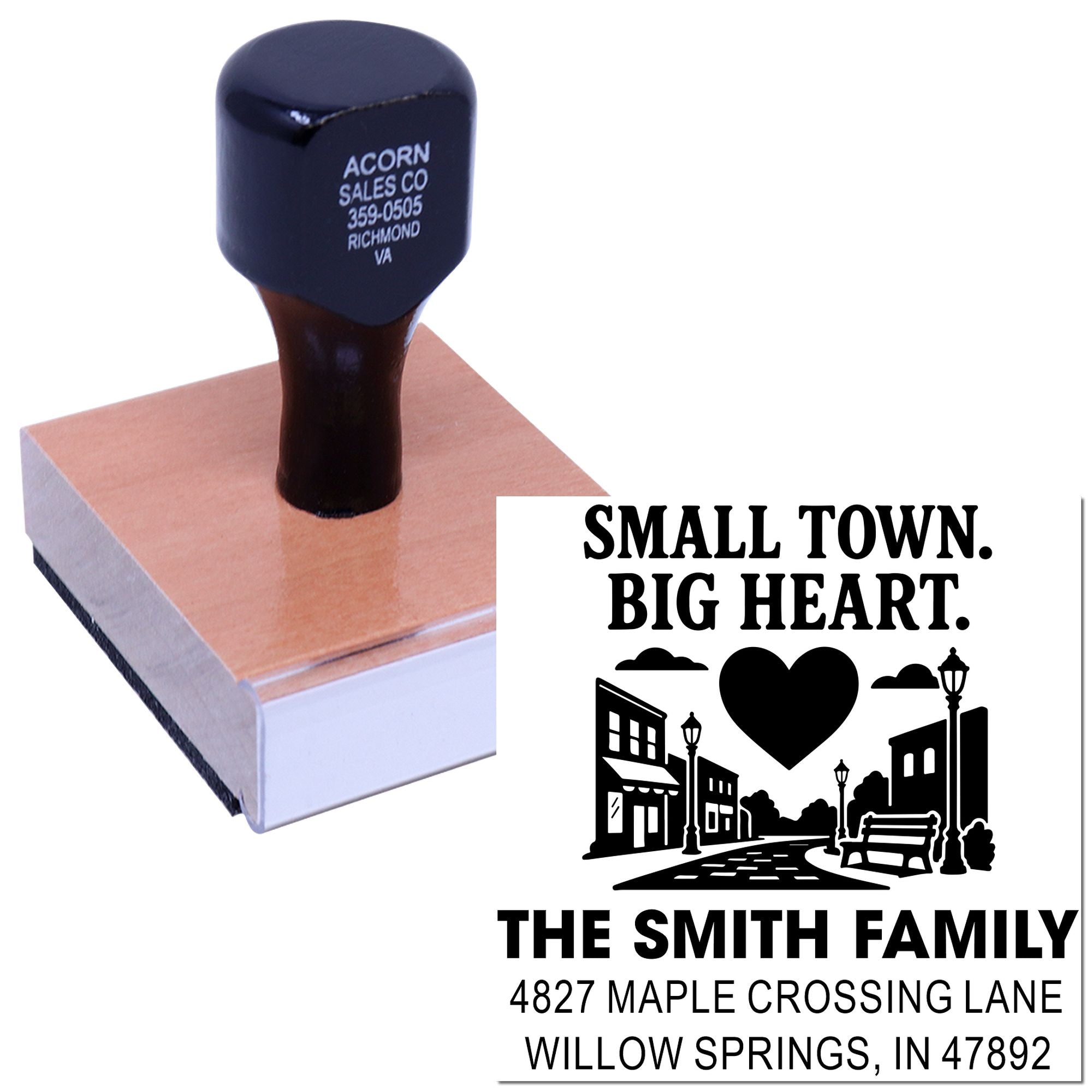 Personalized family return address rubber stamp with Small Town, Big Heart town design for The Smith Family.