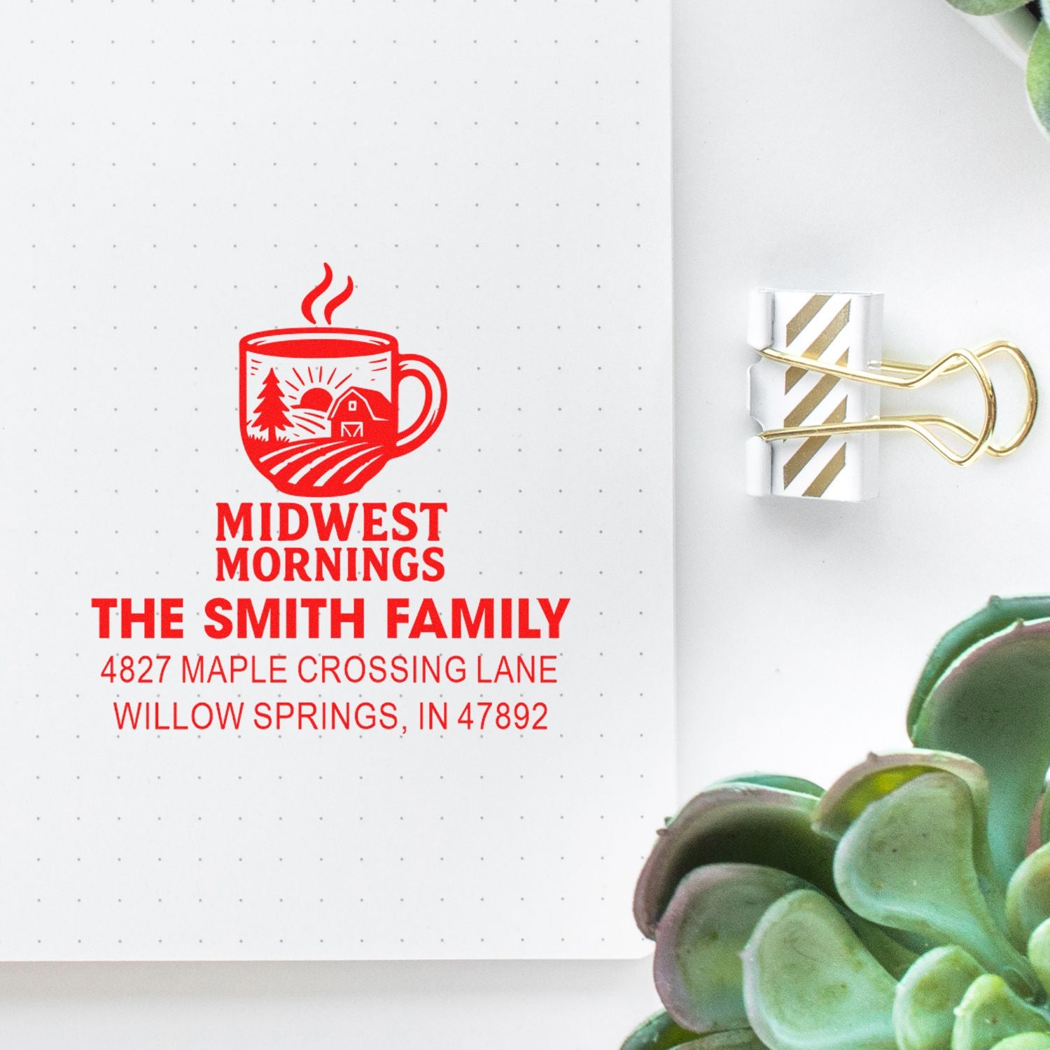 Custom rubber address stamp for The Smith Family, featuring a Midwest Mornings design and return address.