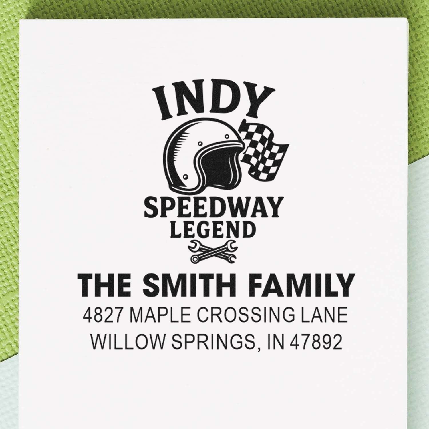 Custom personalized return address stamp for The Smith Family, Indy Speedway Legend theme with helmet graphic