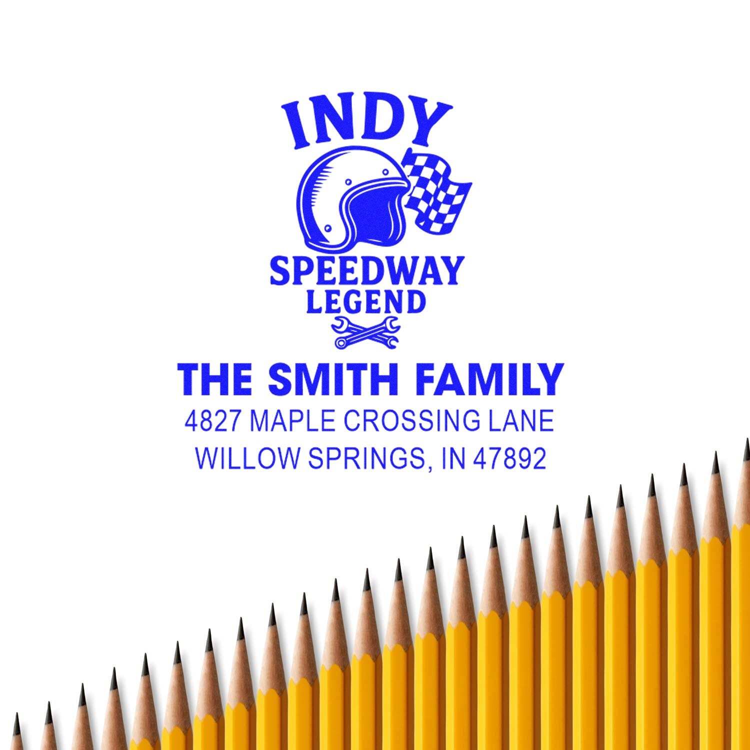 Custom family address rubber stamp with Indy Speedway Legend graphic and The Smith Family, Willow Springs, IN address.