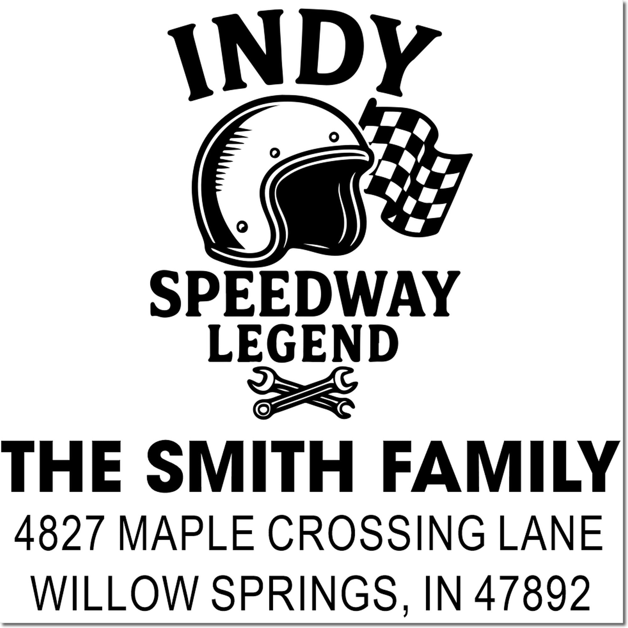 Custom rubber return address stamp for The Smith Family, featuring Indy Speedway Legend design with helmet, checkered flag, and address.