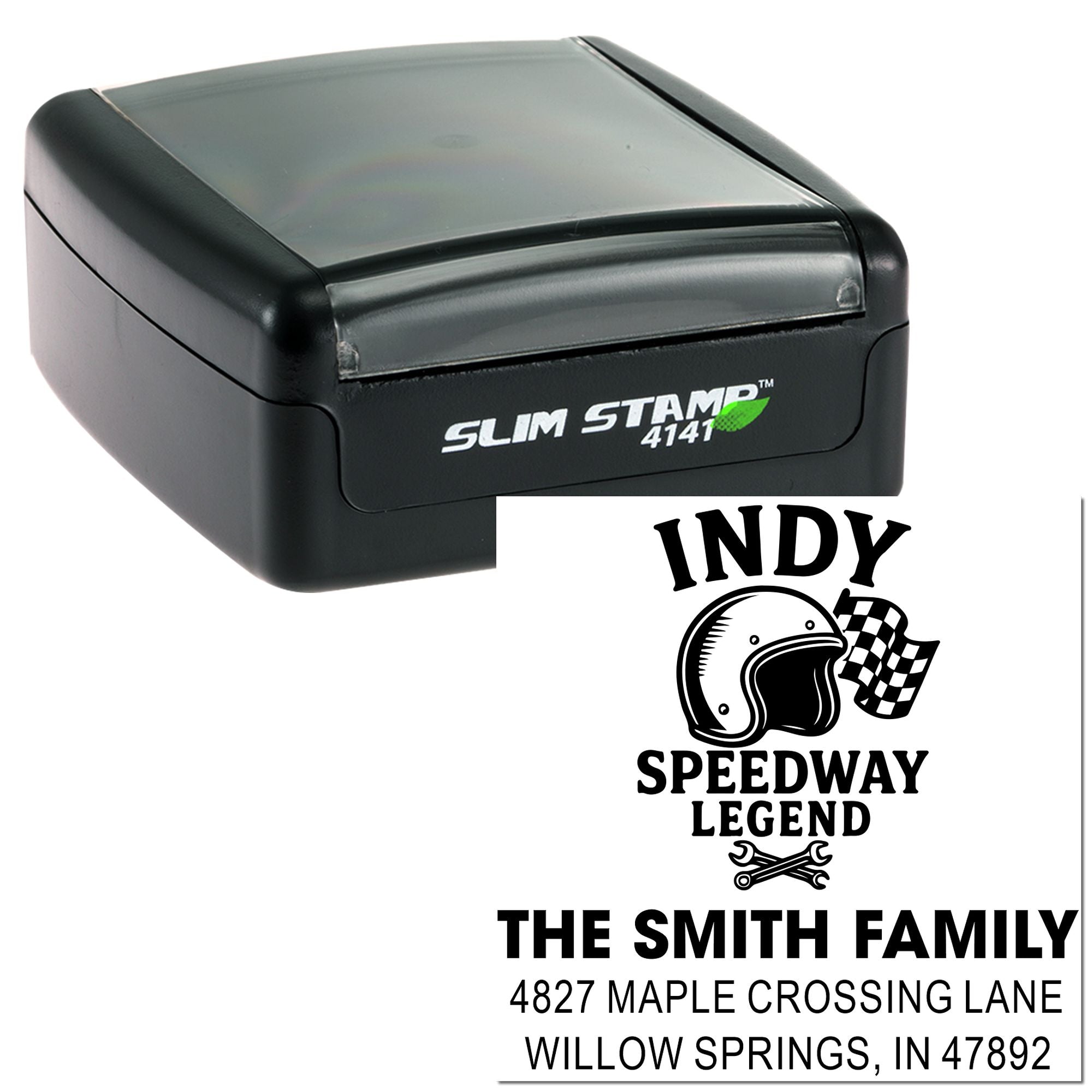 Custom self-inking rubber stamp with Indy Speedway Legend design and family address imprint for personalized mailing labels.