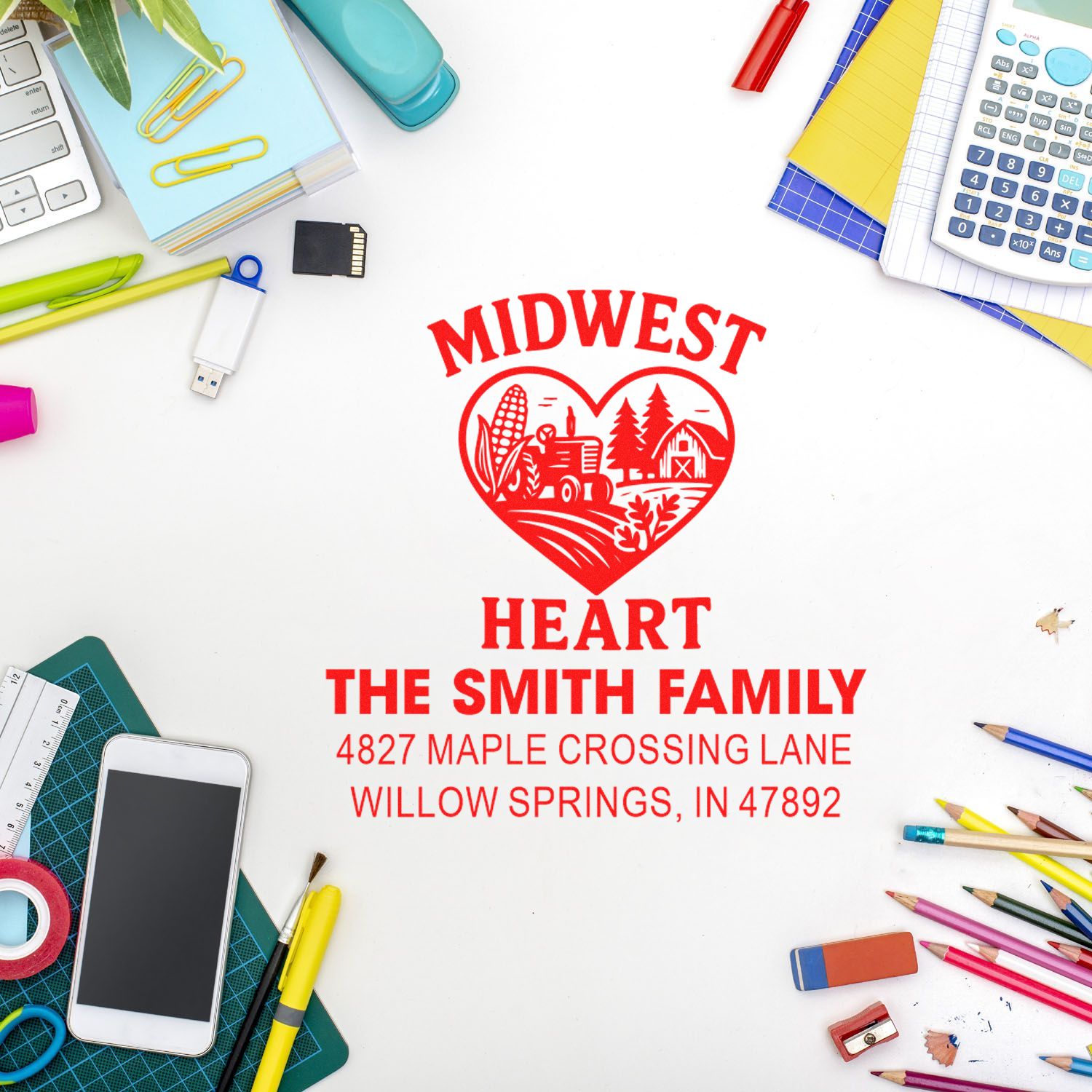 Personalized family address rubber stamp with Midwest heart design for The Smith Family, Willow Springs, IN.