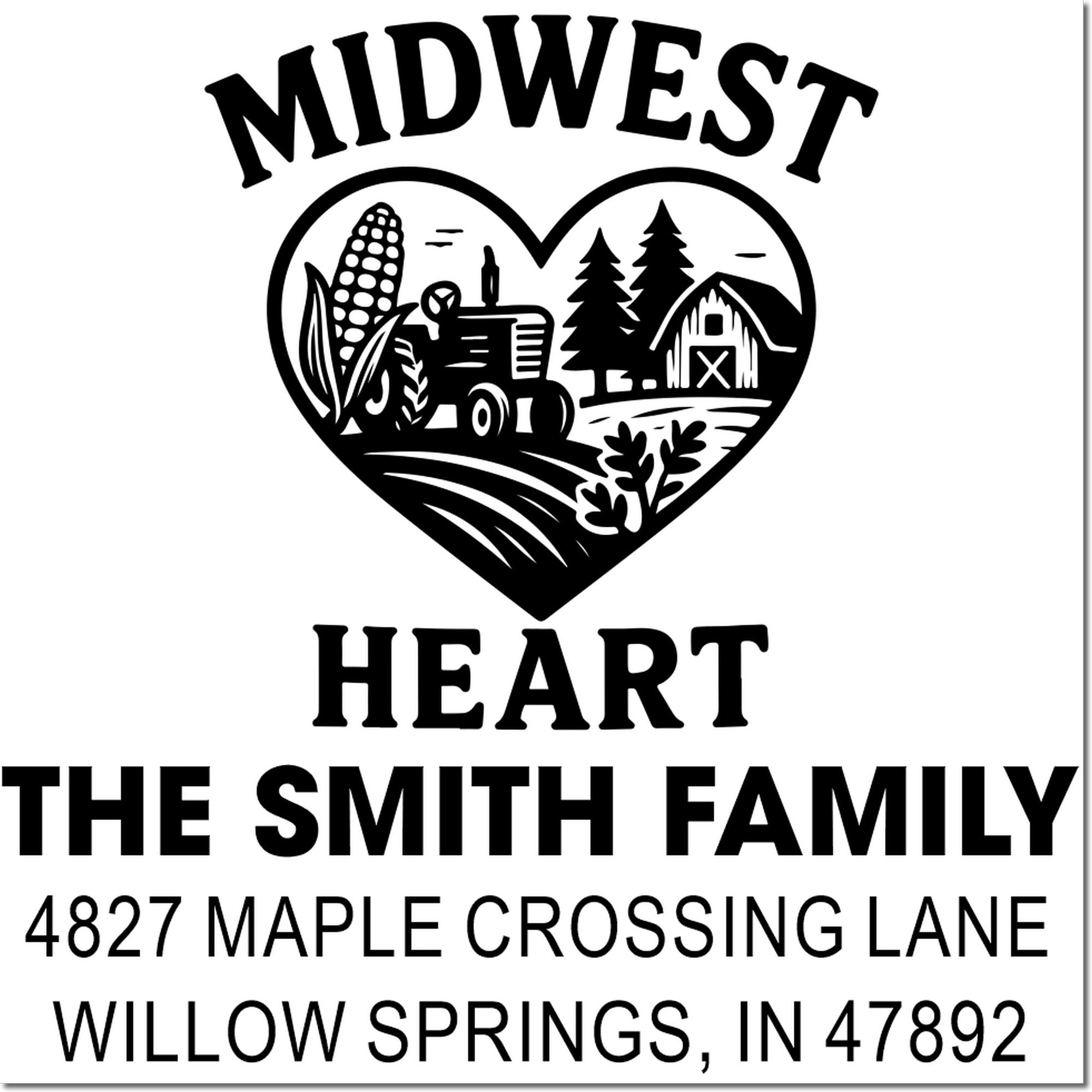 Personalized Midwest heart family return address rubber stamp for The Smith Family, 4827 Maple Crossing Lane, Willow Springs, IN 47892
