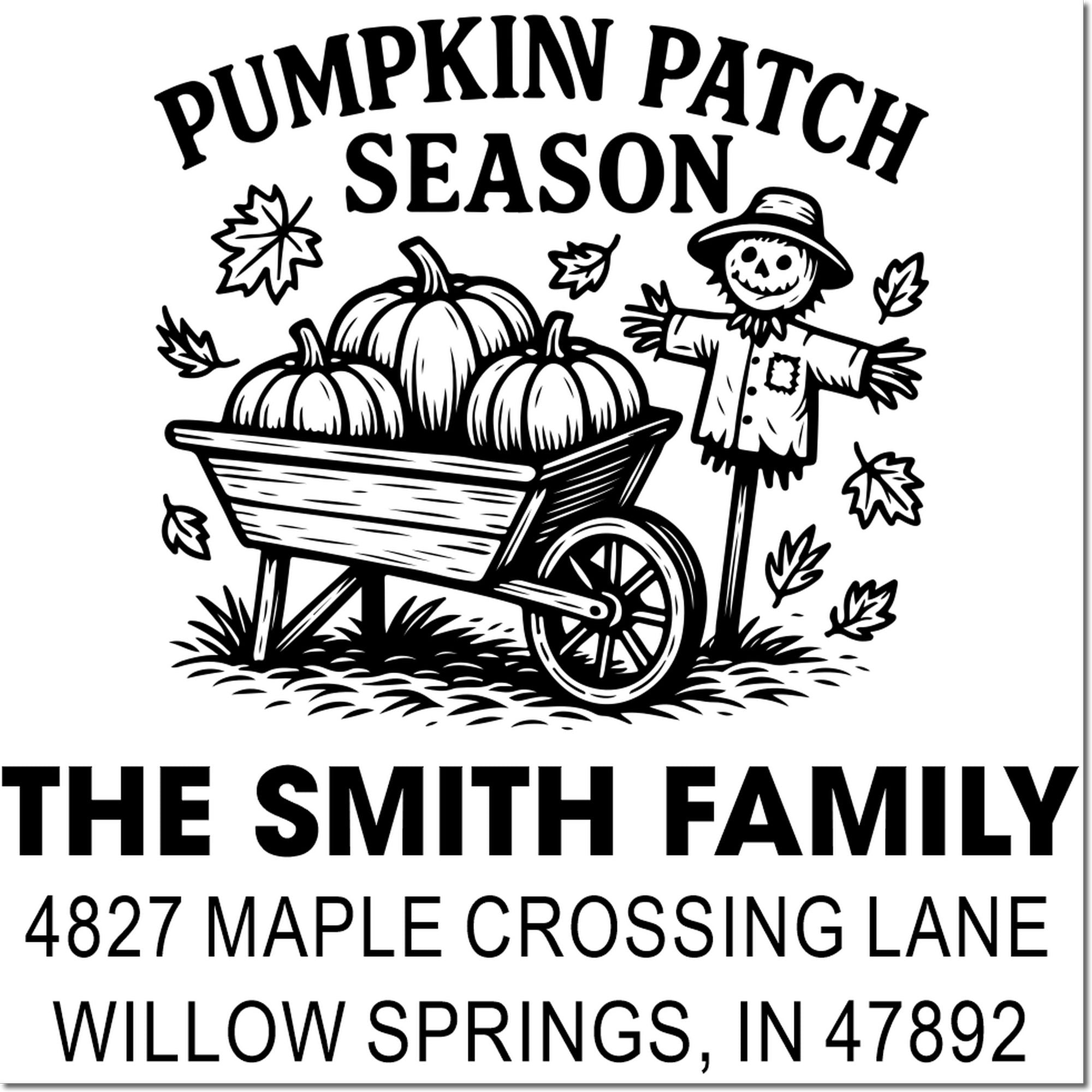 Personalized pumpkin patch season rubber stamp with scarecrow, pumpkins, family name, and address for fall greetings.